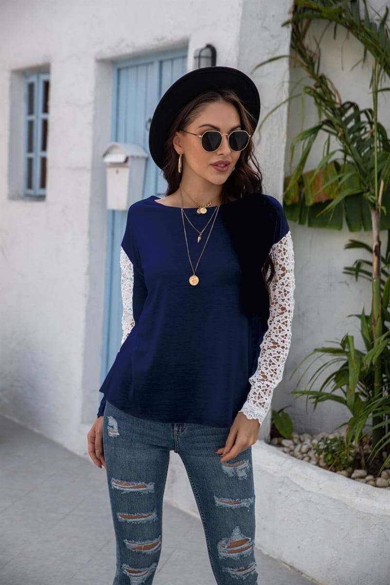 Lace Contrast Long Sleeve Top