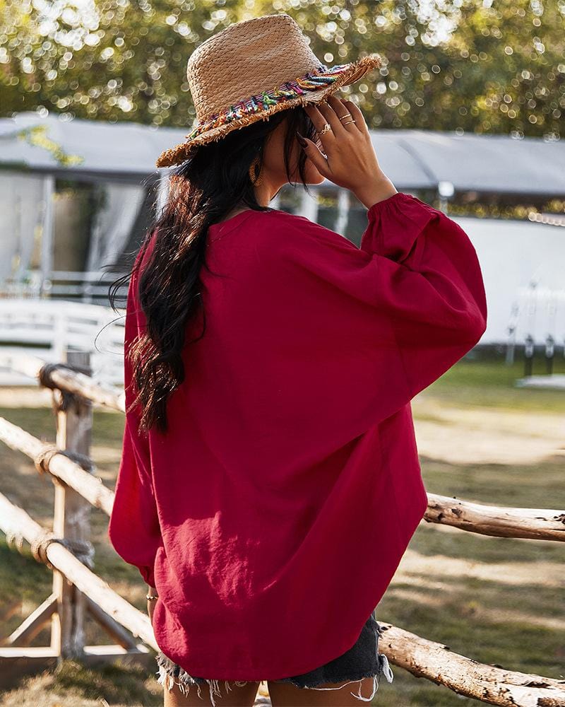 Button Down Gathered Cuff Blouse