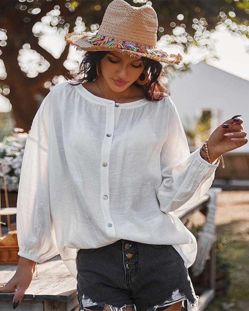 Button Down Gathered Cuff Blouse