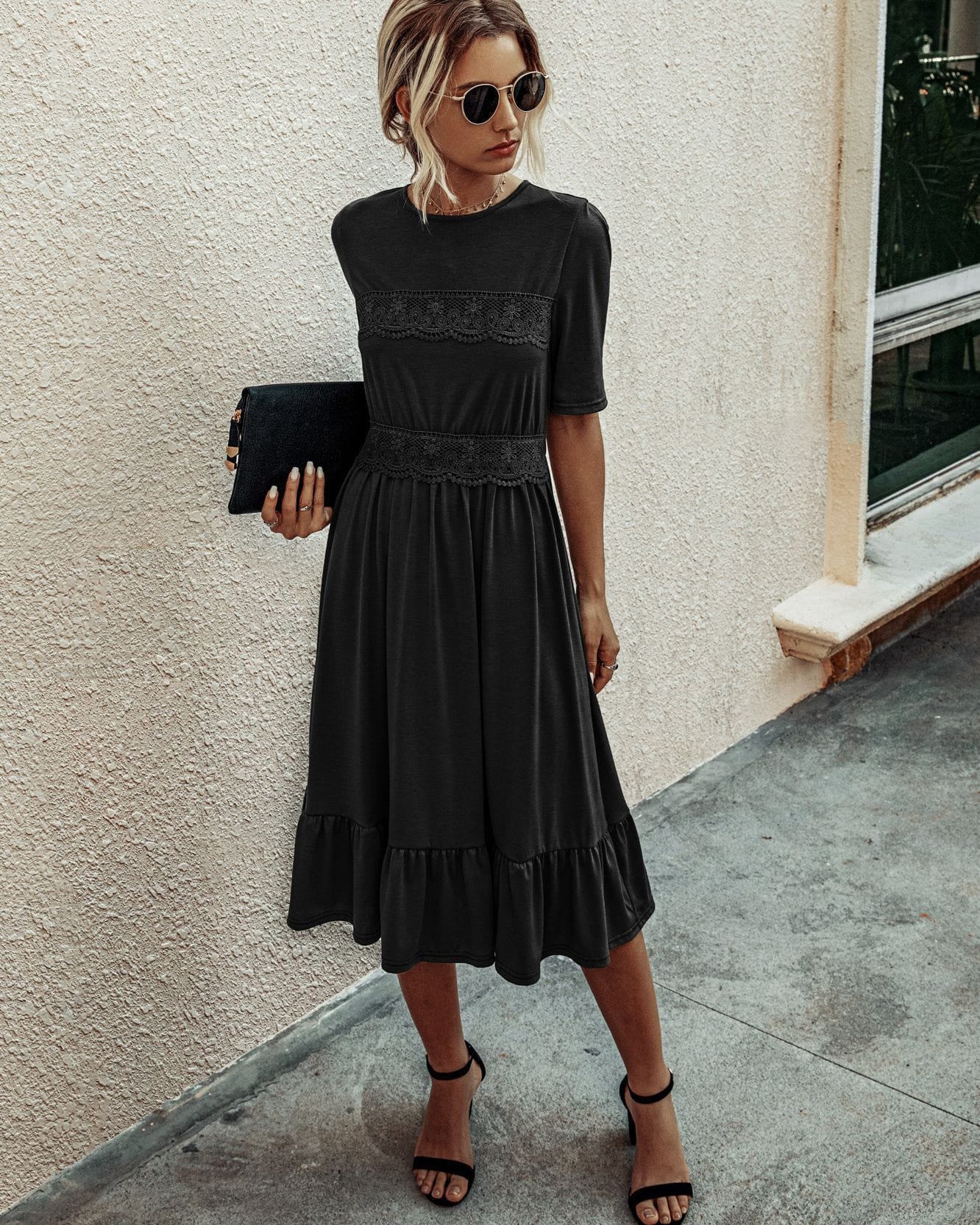 Lace Trim Gathered Dress