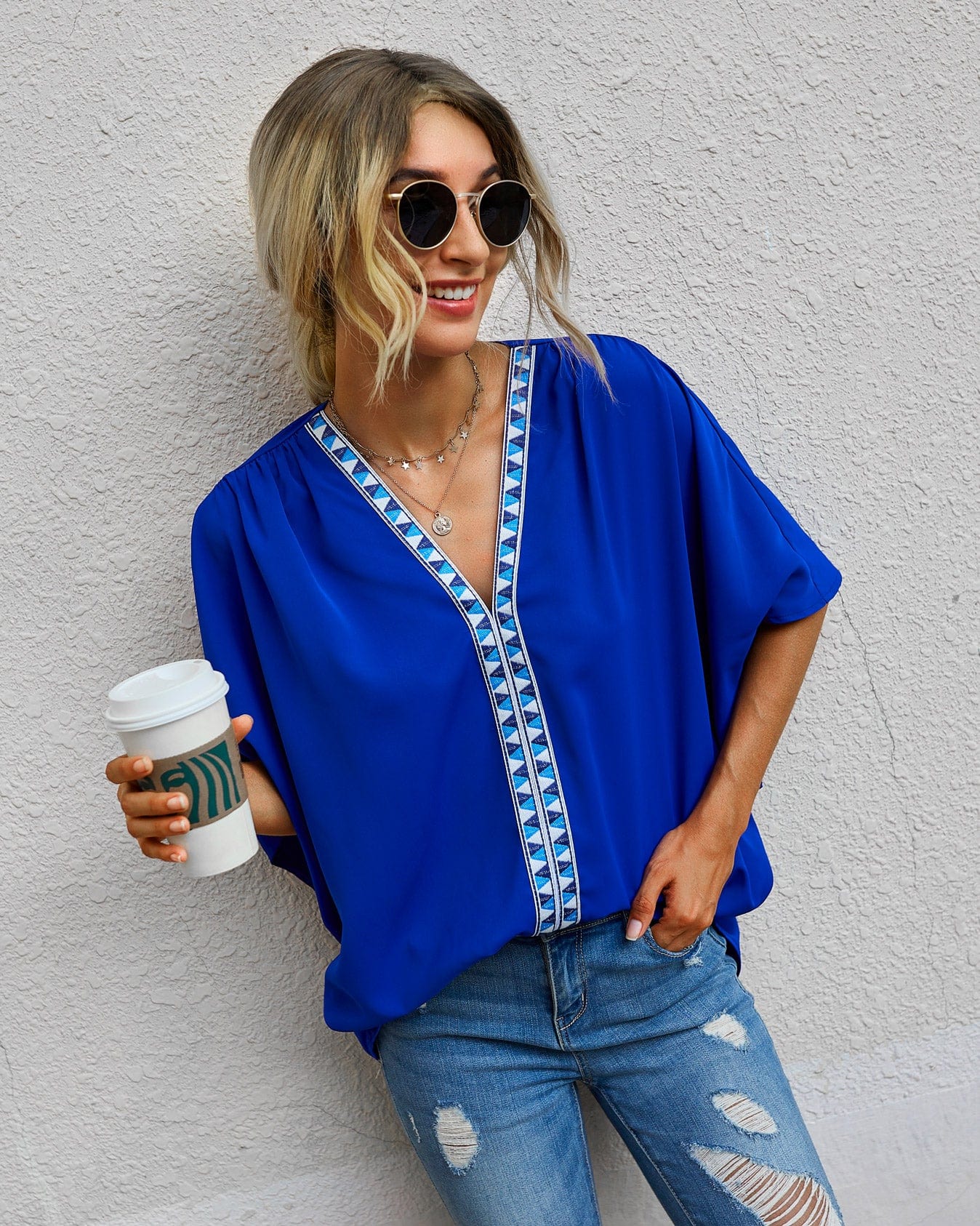 Contrast Print Loose Blouse