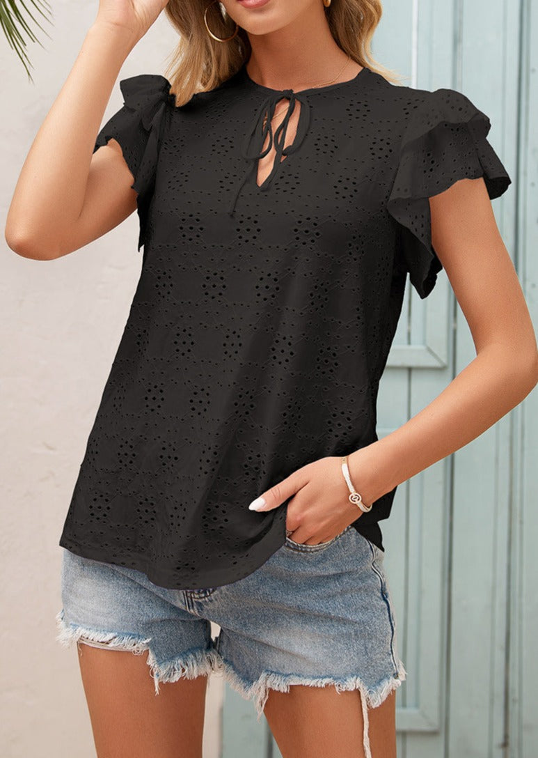 Eyelet Ruffle Sleeve Tie Blouse