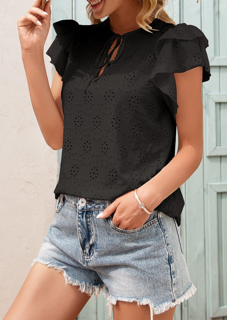 Eyelet Ruffle Sleeve Tie Blouse