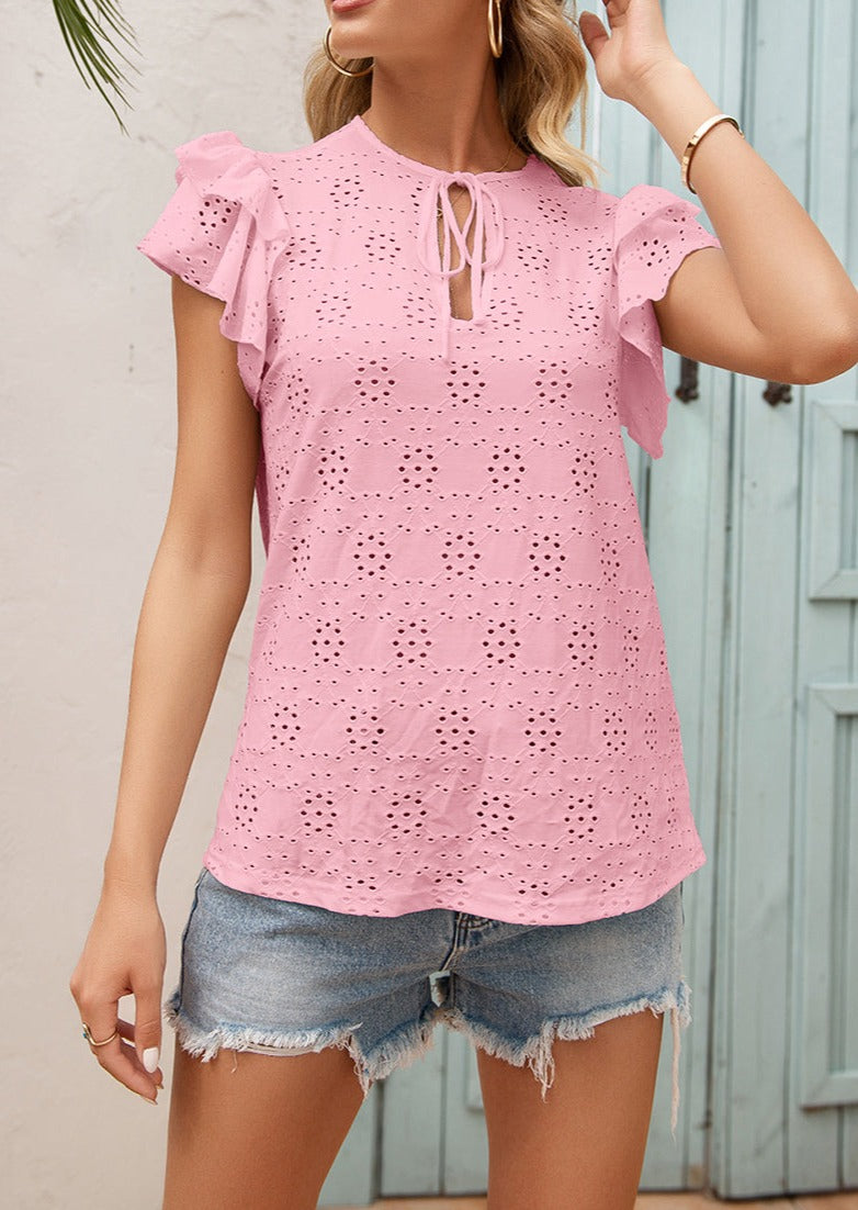 Eyelet Ruffle Sleeve Tie Blouse