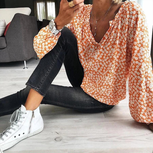 Flower Print Gathered Blouse