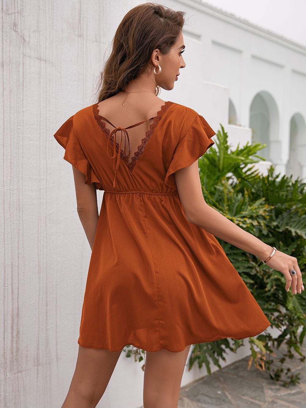 Solid V Neck Tie Back Dress