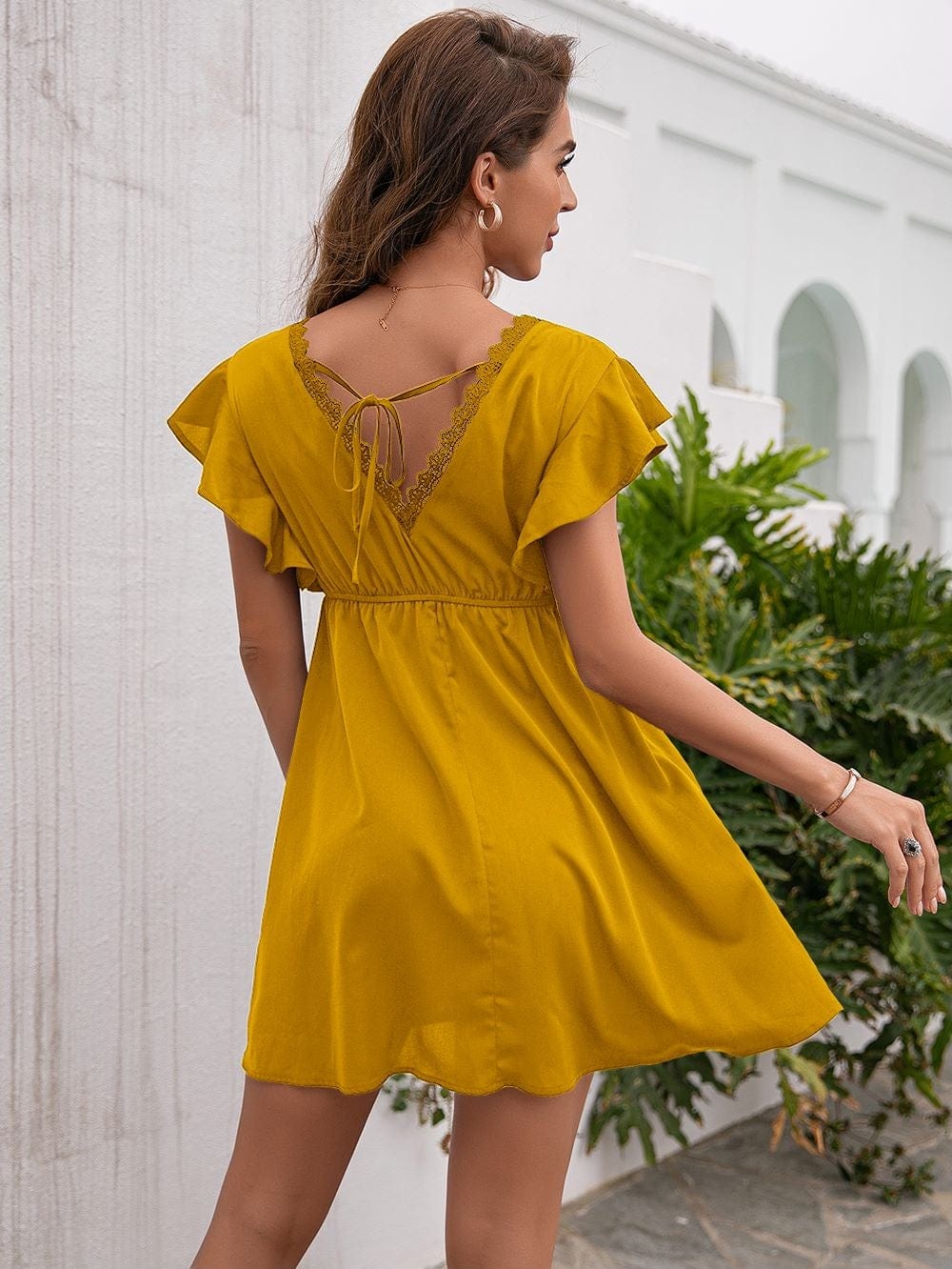 Solid V Neck Tie Back Dress