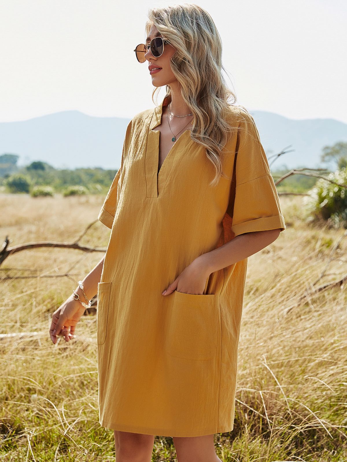 Notched Collar Oversized Tunic Dress