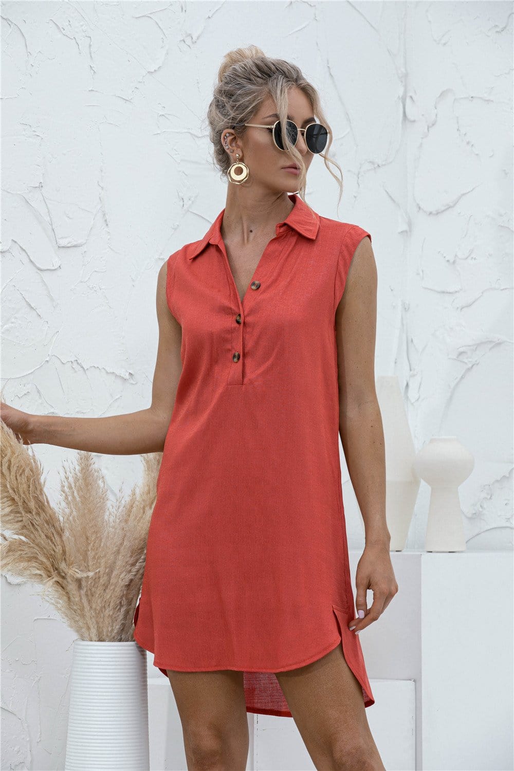 High-Low Button Tunic Short Dress