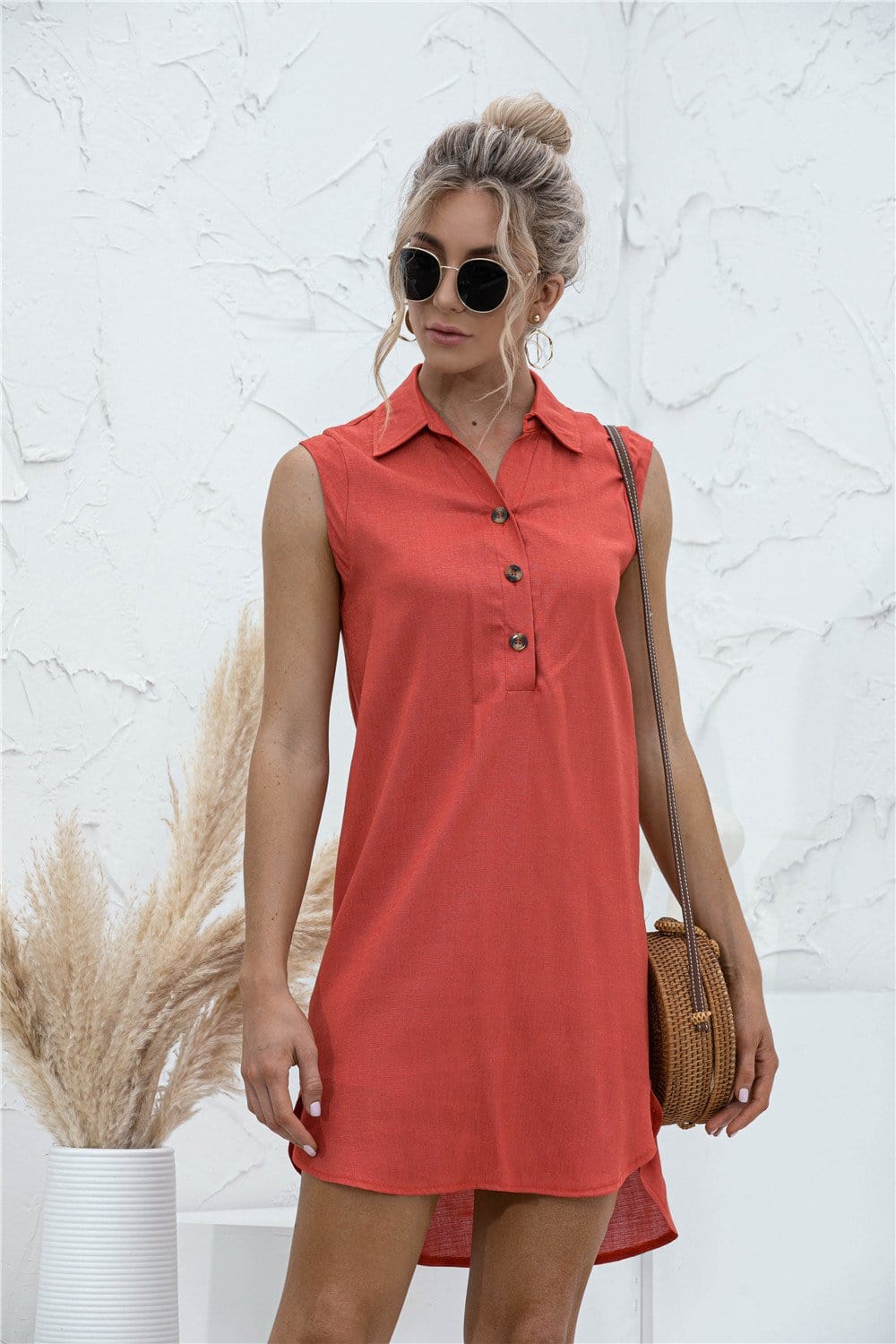 High-Low Button Tunic Short Dress