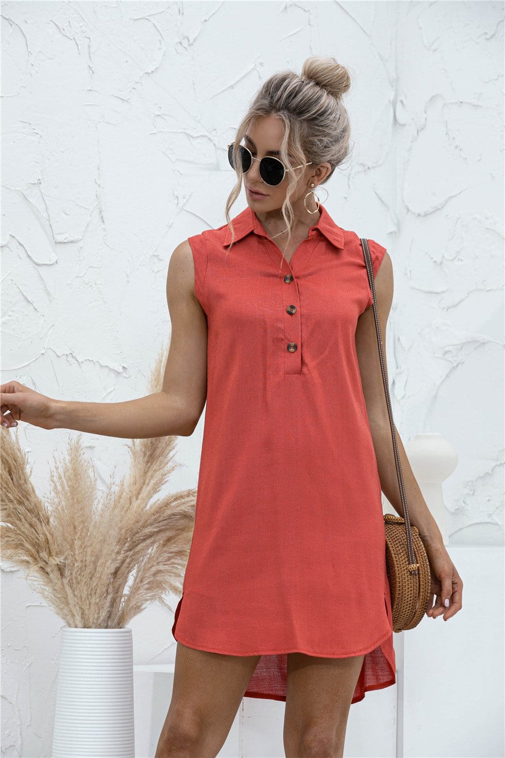 High-Low Button Tunic Short Dress