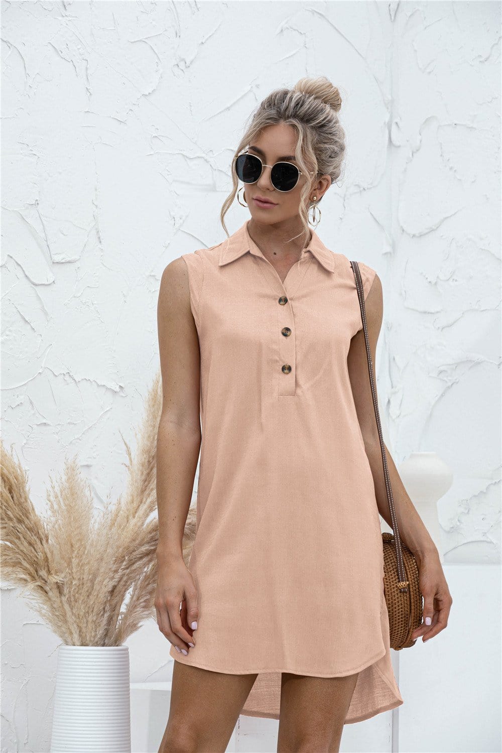 High-Low Button Tunic Short Dress