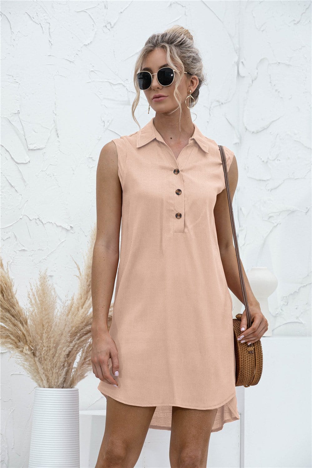 High-Low Button Tunic Short Dress