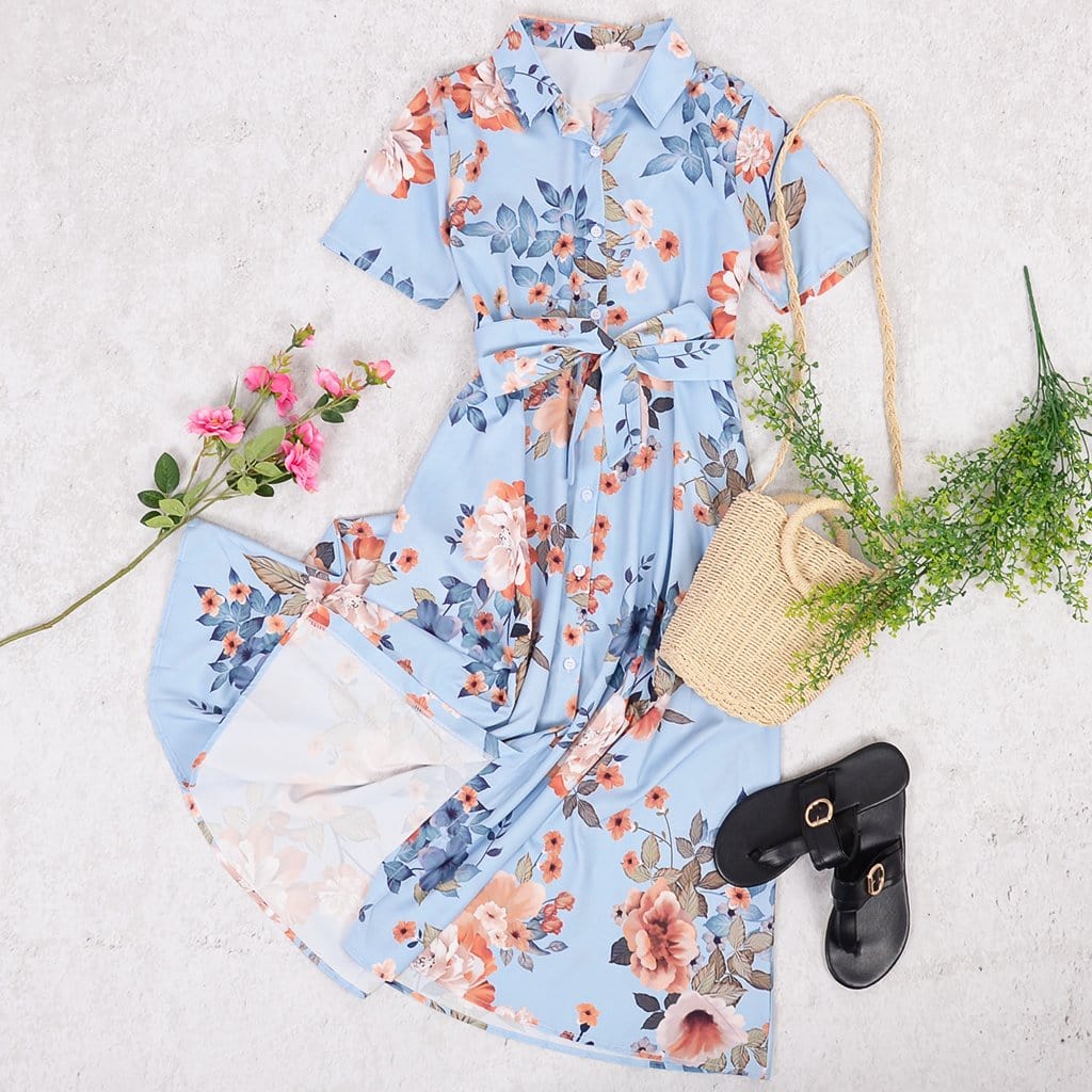 Button Down Floral Print Maxi Dress