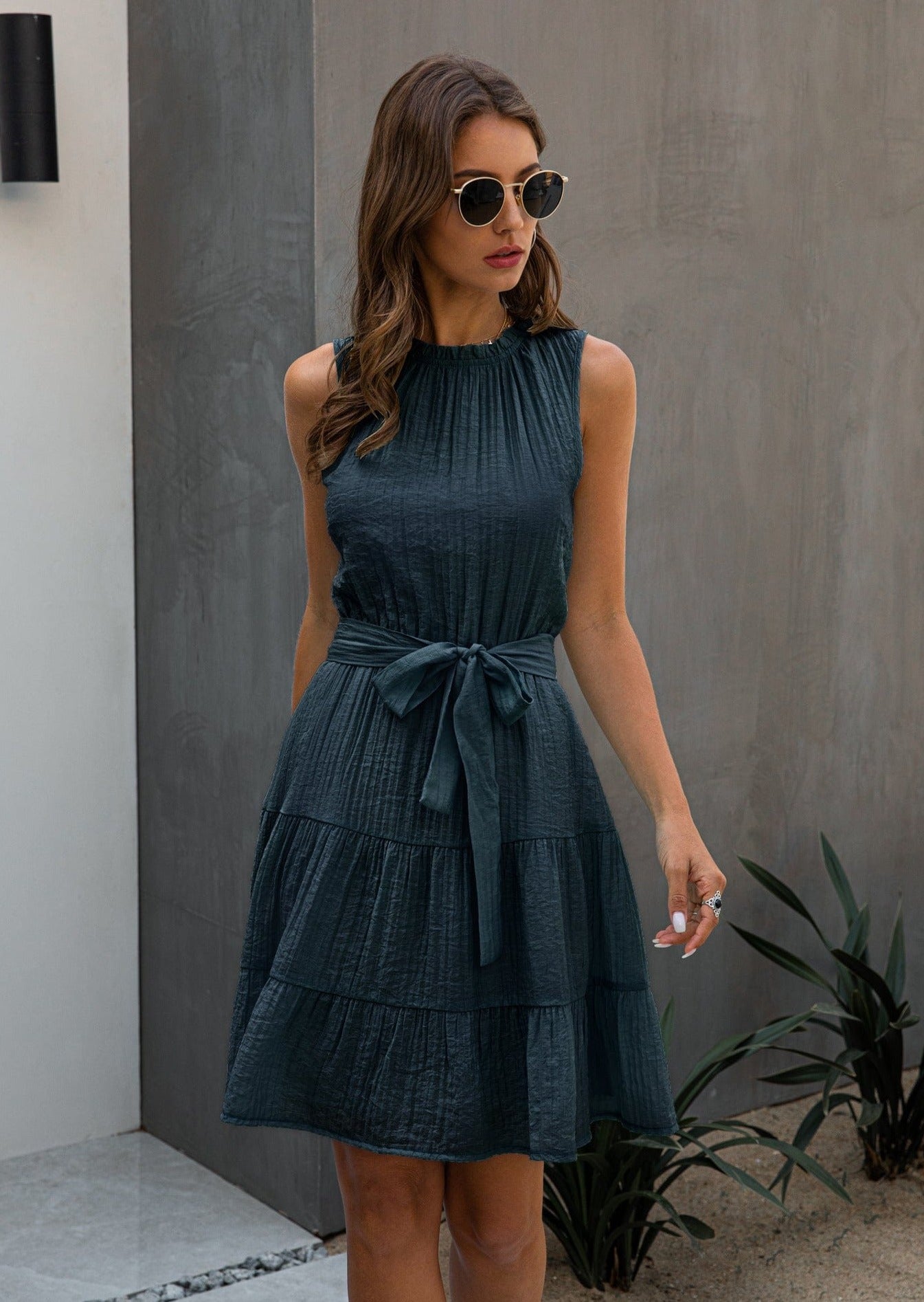 Wrinkled Style Tie Belt Dress