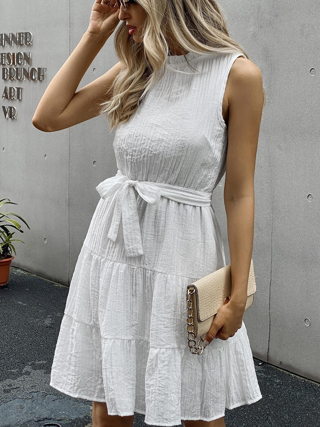 Wrinkled Style Tie Belt Dress