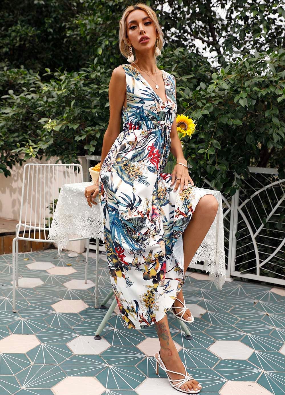 Tie Back Tropical Print Dress