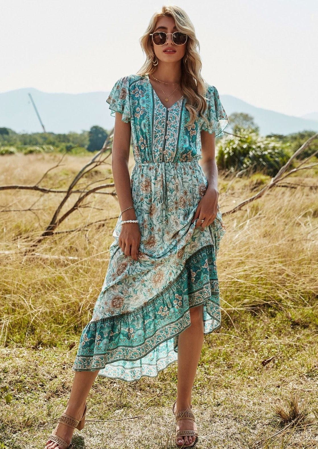 Butterfly Sleeve Printed Boho Dress