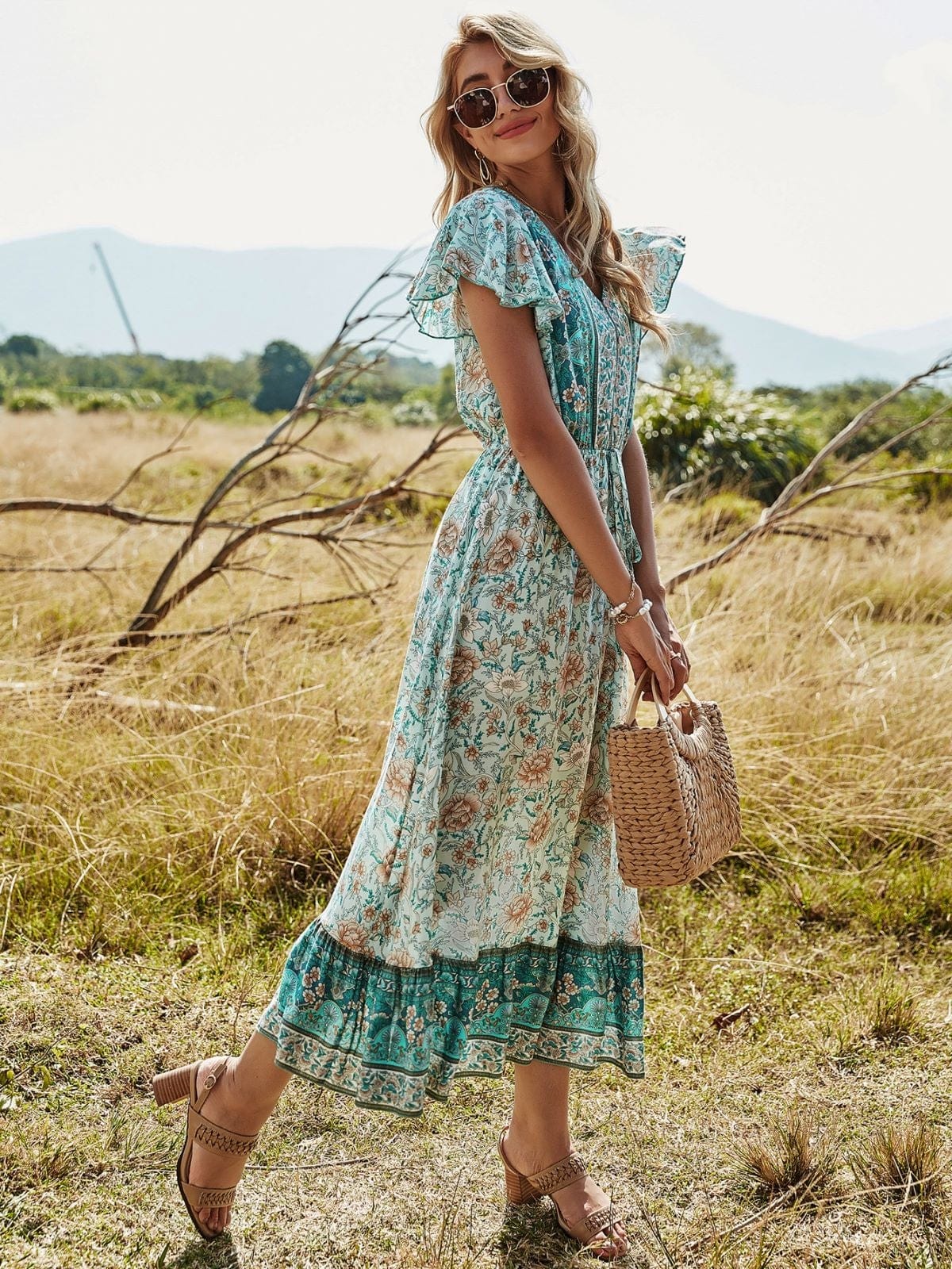 Butterfly Sleeve Printed Boho Dress