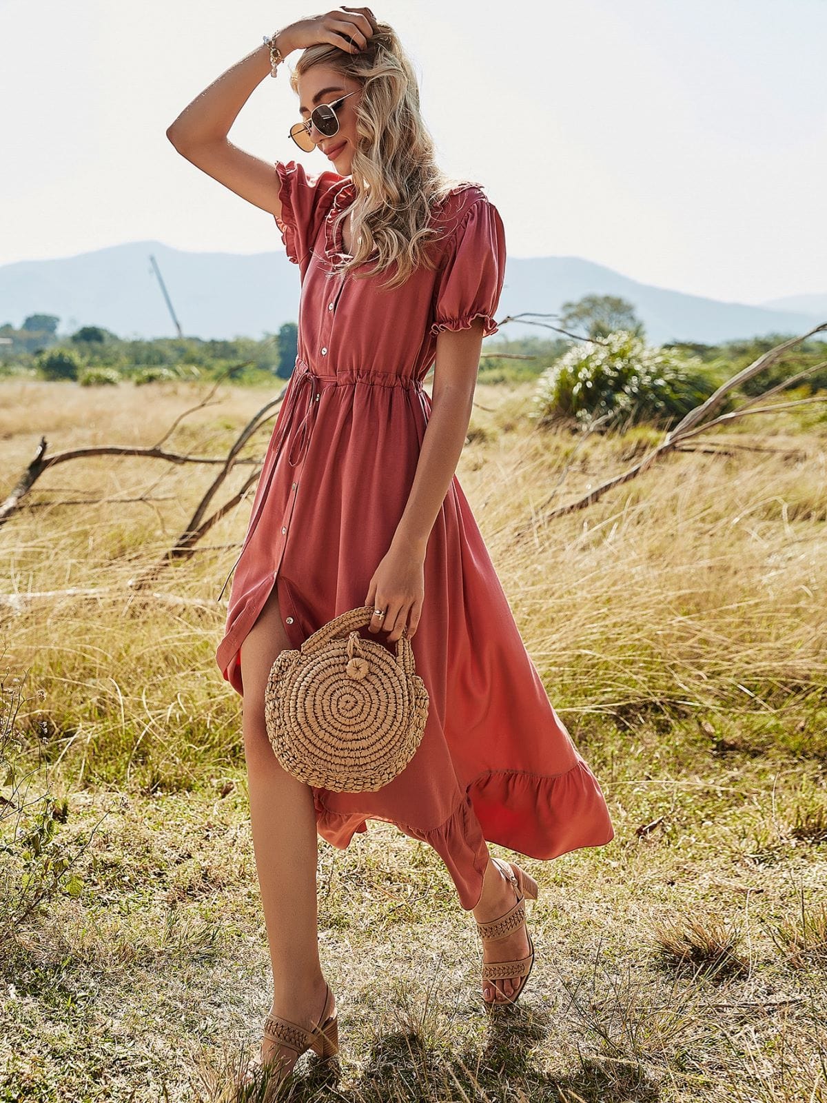 Puffed Sleeve Ruffle Dress