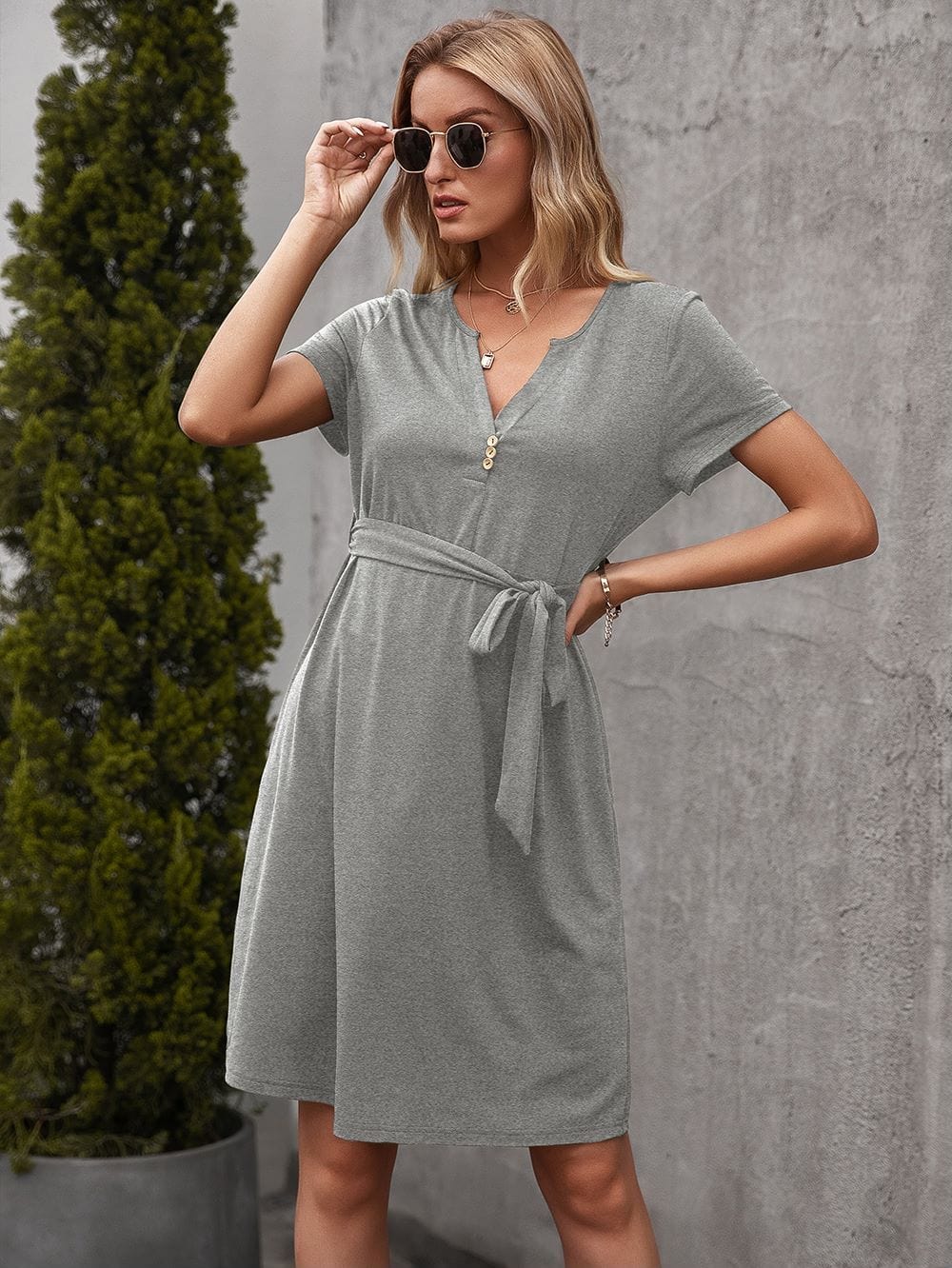 Button Notched Collar Tee Dress