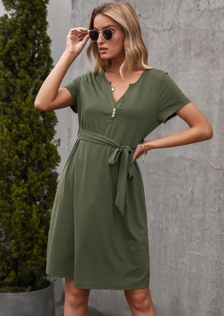 Button Notched Collar Tee Dress