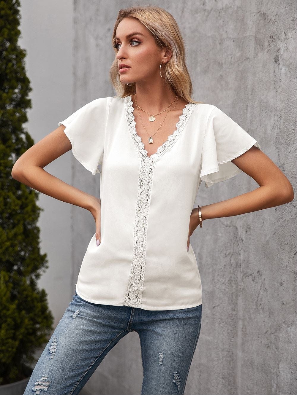 Lace Trim Solid Color Blouse