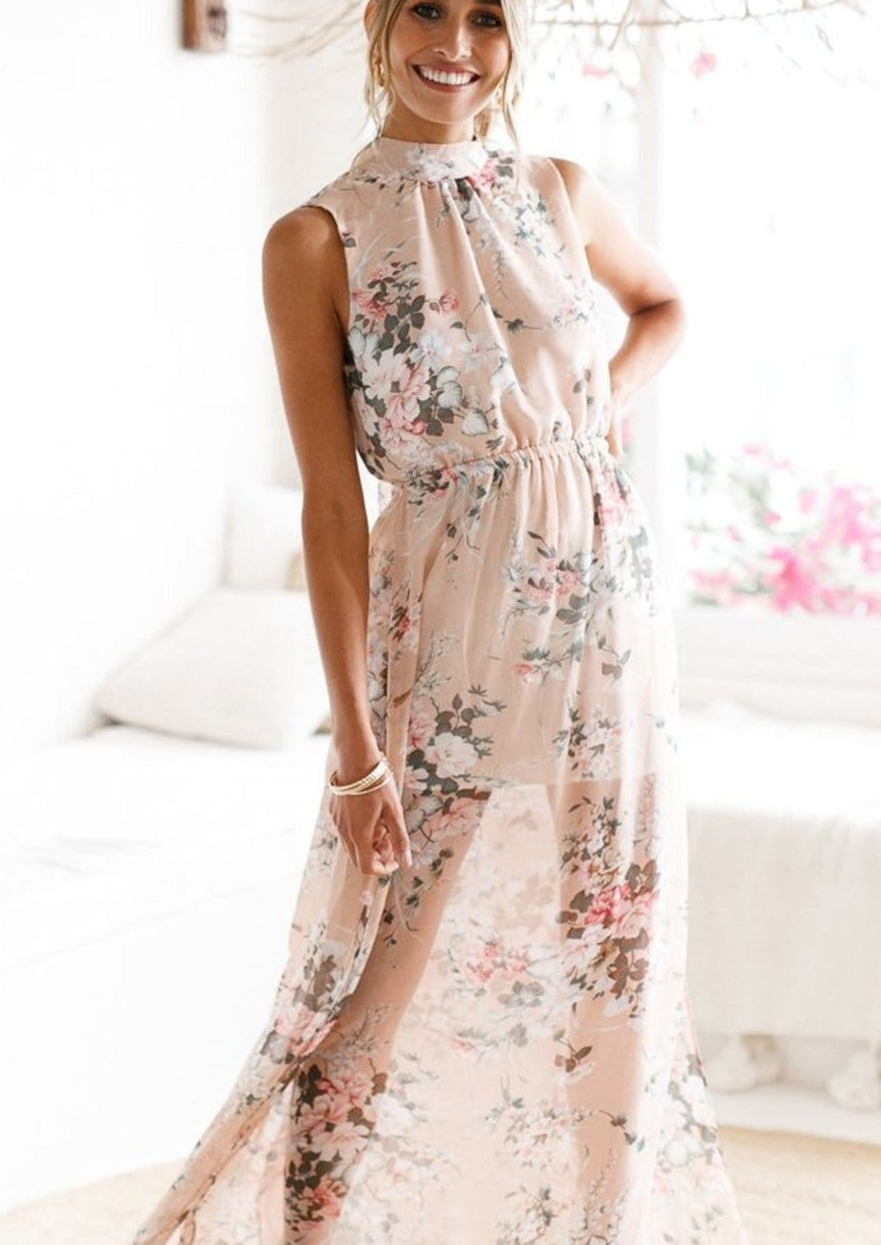 Soft Floral Pink Halter Dress