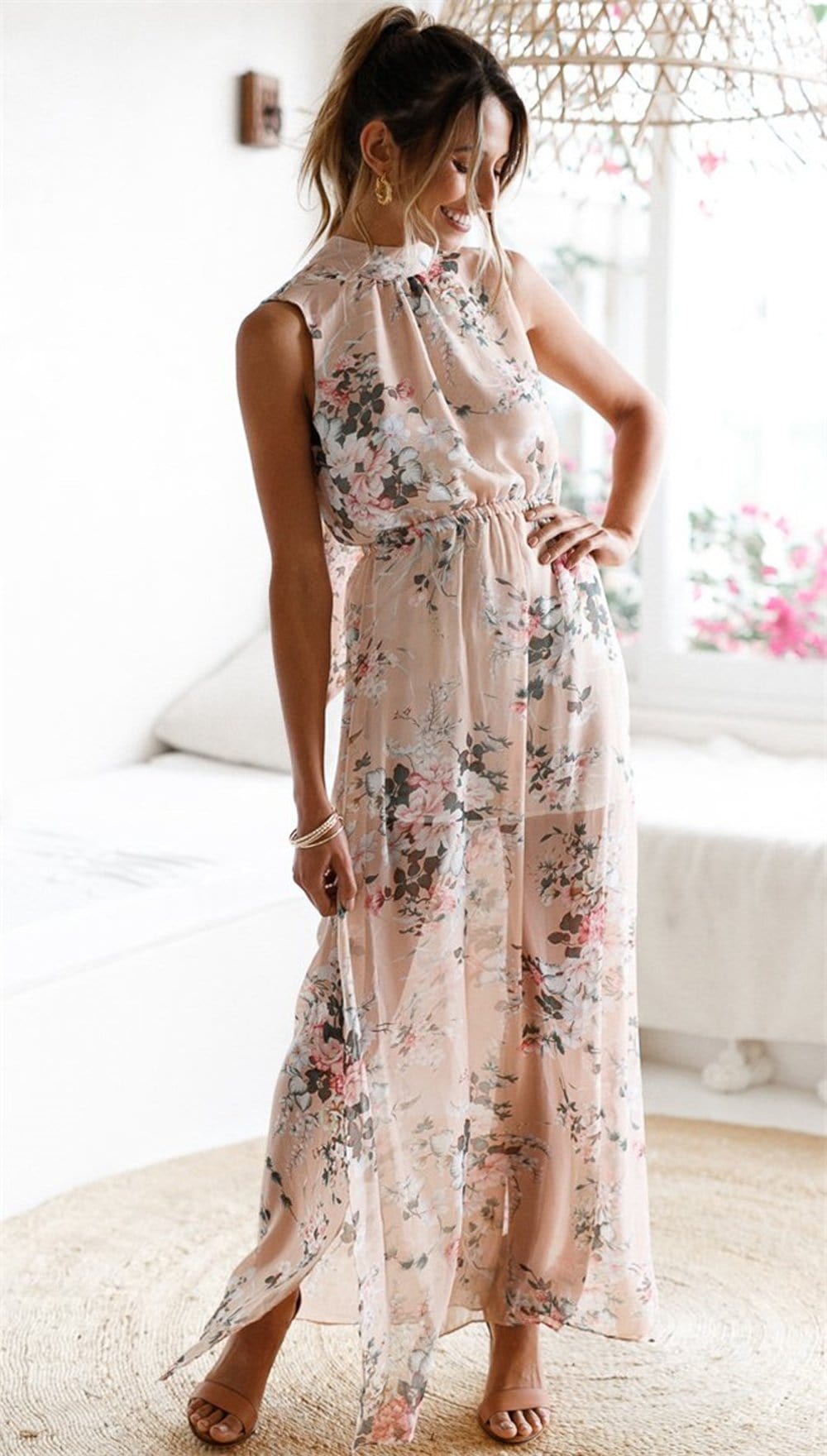 Soft Floral Pink Halter Dress