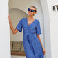 Anna-Kaci Paisley Boho Ruffle Flowy Maxi Dress V Neck Tied Front with Short Sleeves Small 0-4 / Blue