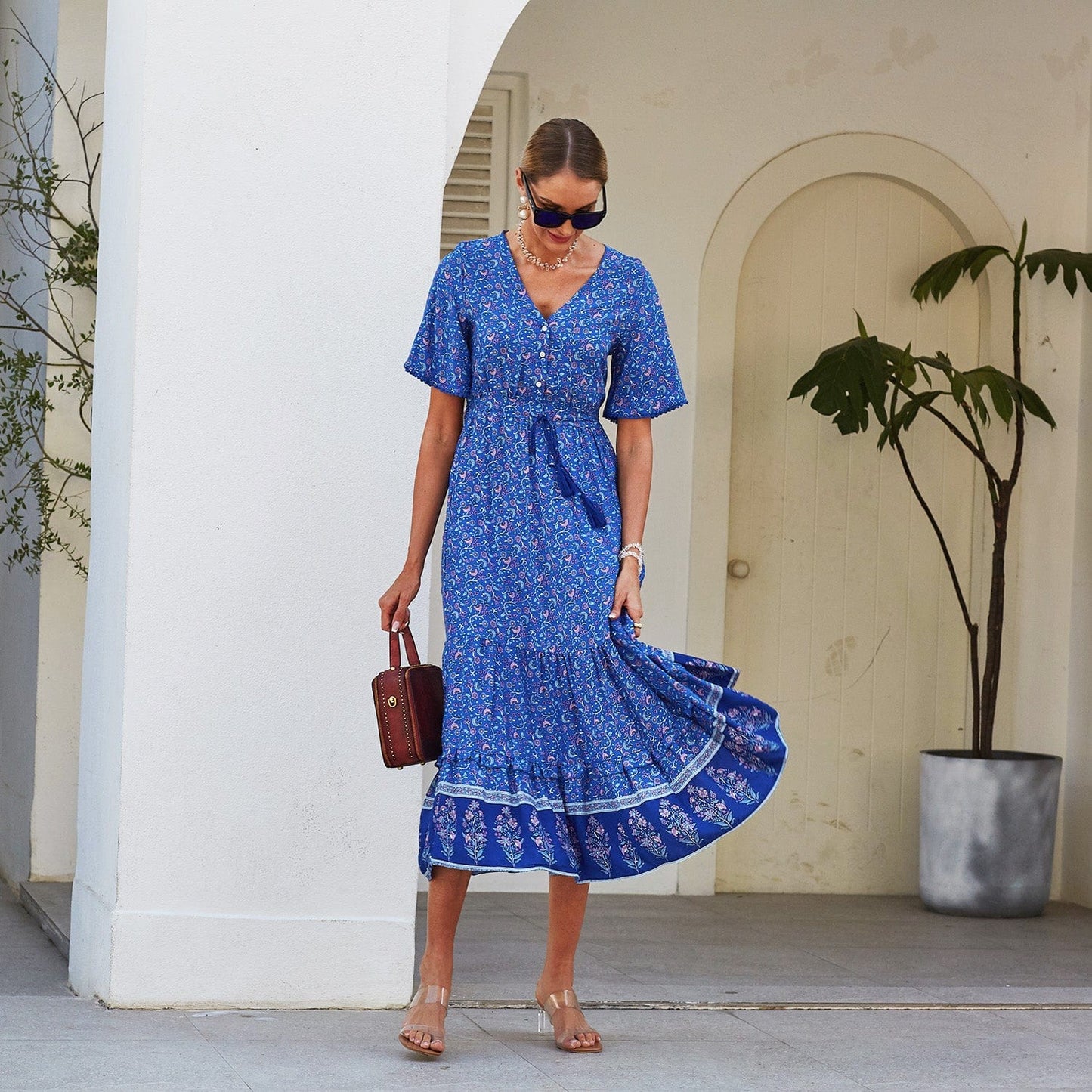 Anna-Kaci Paisley Boho Ruffle Flowy Maxi Dress V Neck Tied Front with Short Sleeves Small 0-4 / Teal