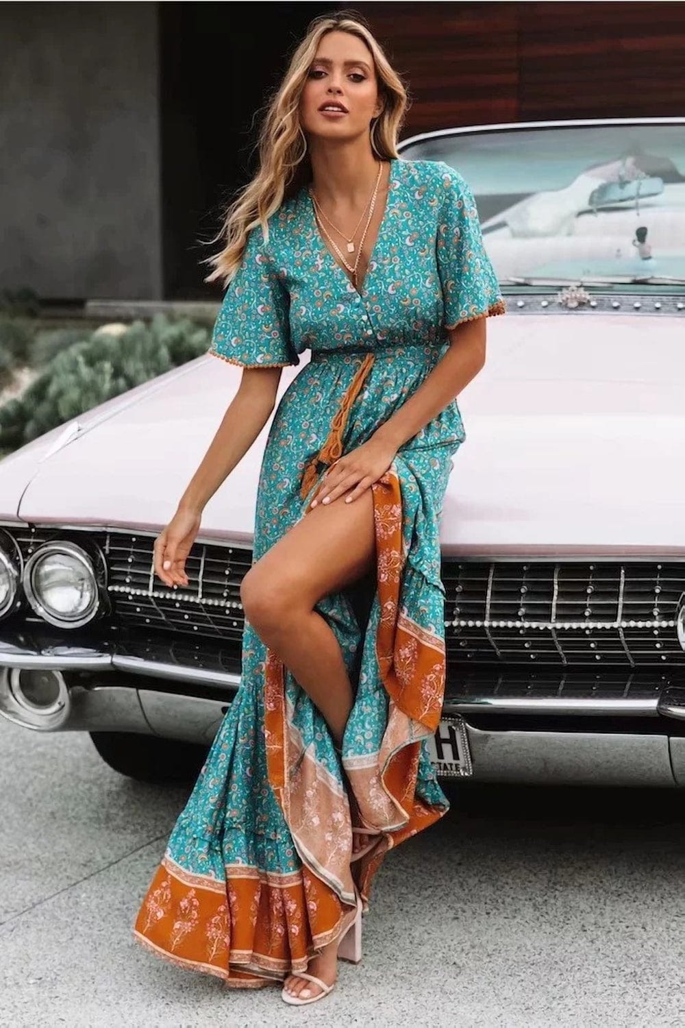 Anna-Kaci Paisley Boho Ruffle Flowy Maxi Dress V Neck Tied Front with Short Sleeves