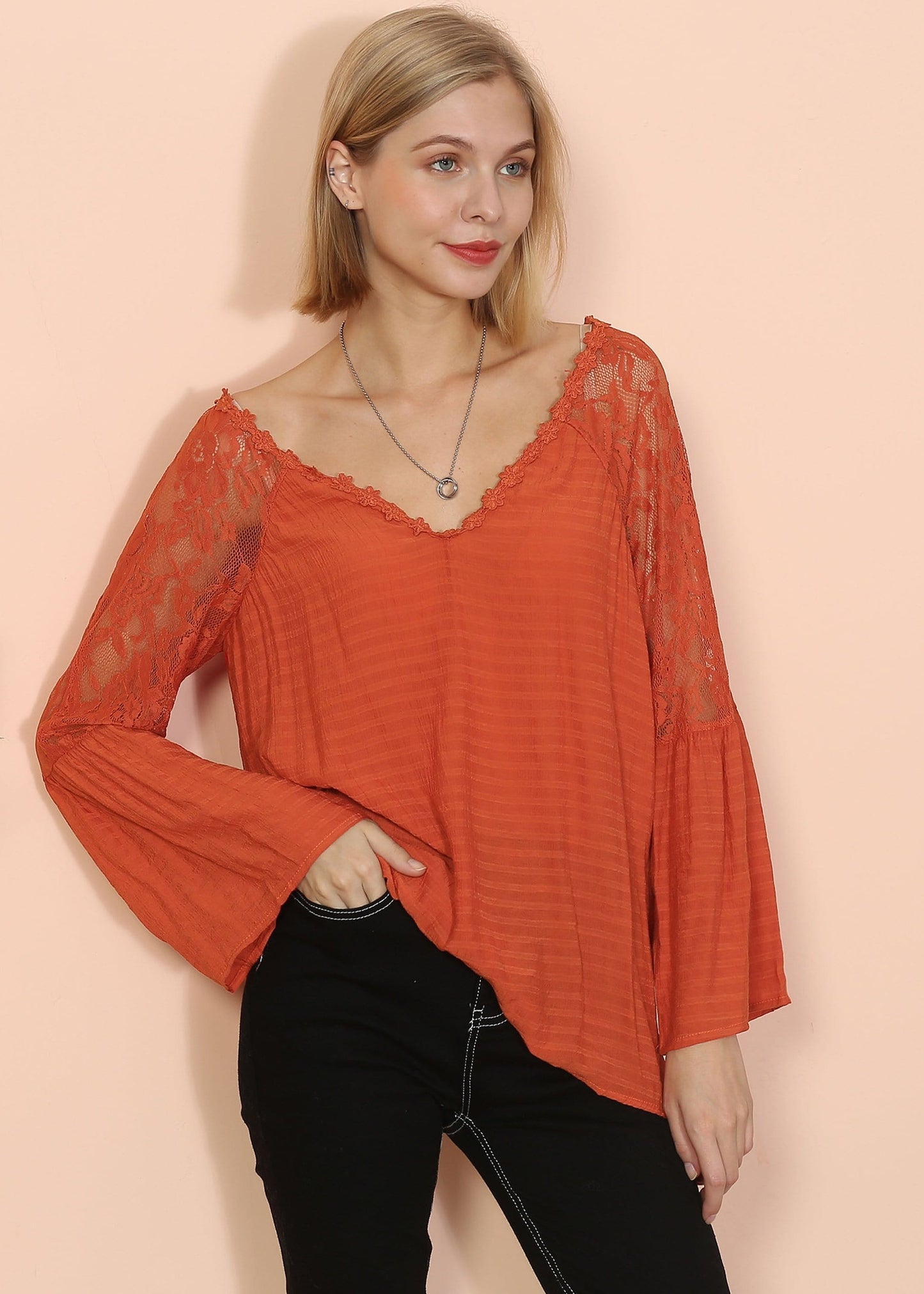 Semi Sheer Bell Sleeve Blouse