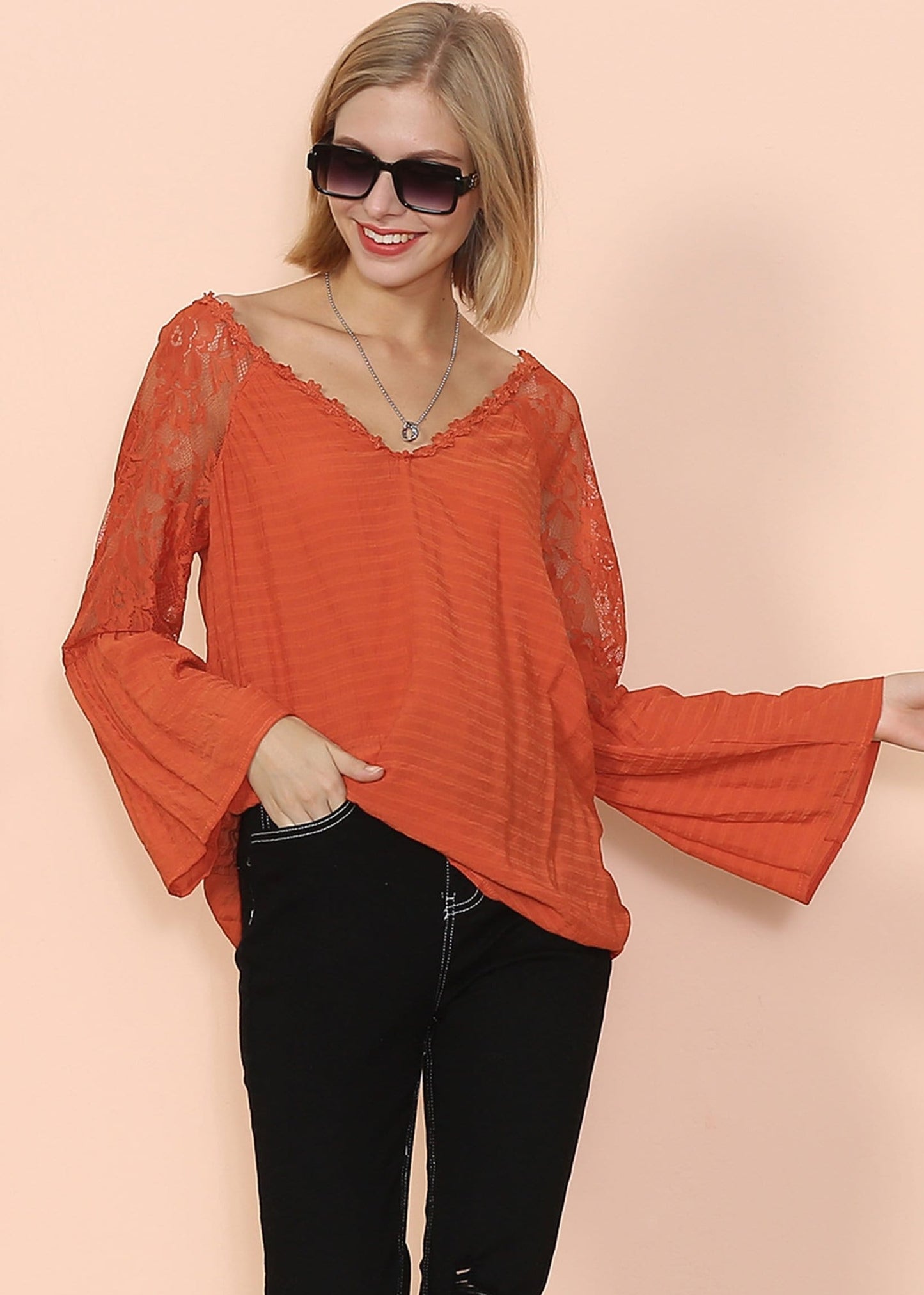 Semi Sheer Bell Sleeve Blouse