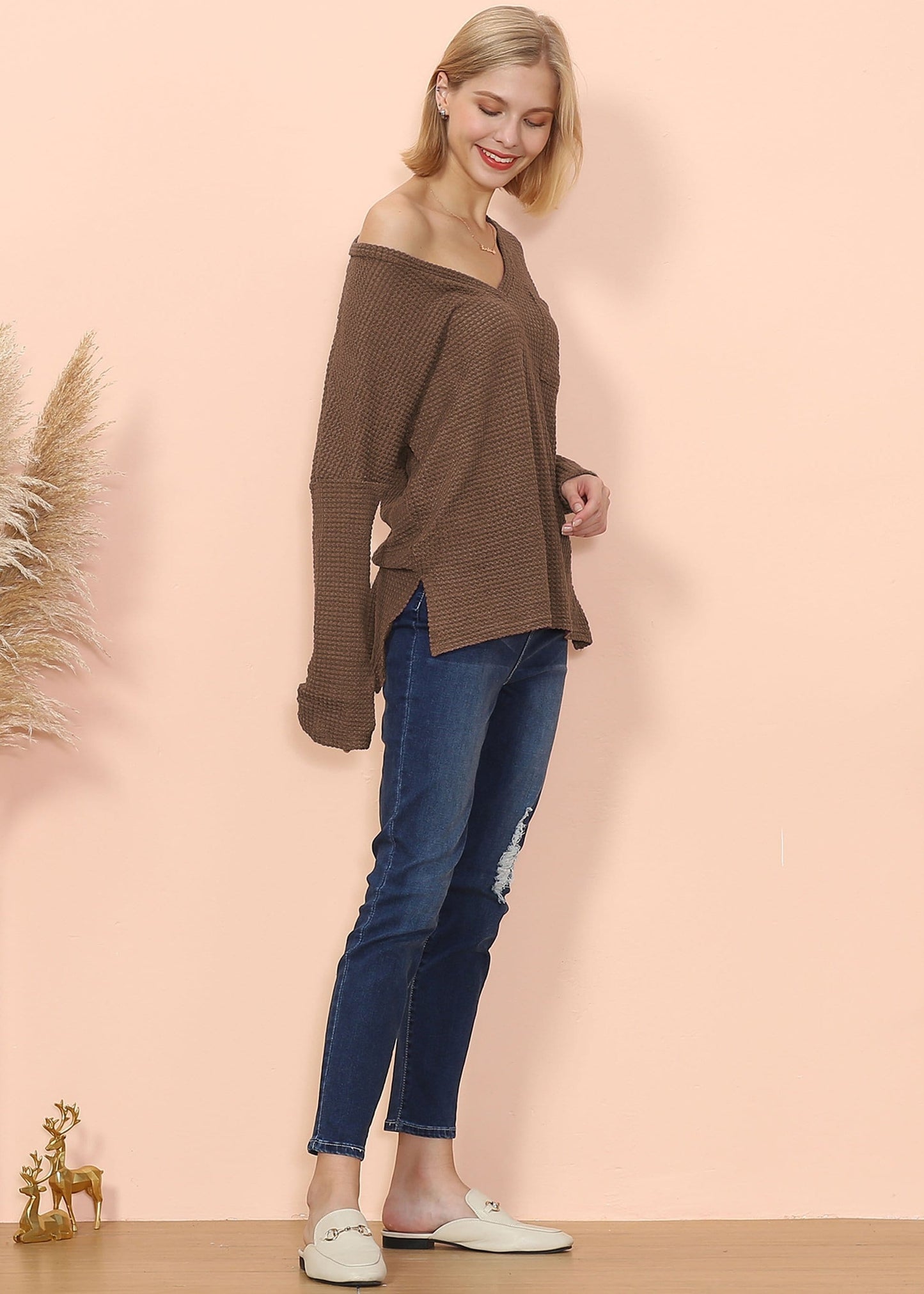 Waffle Knit Pocket Long Sleeve Top