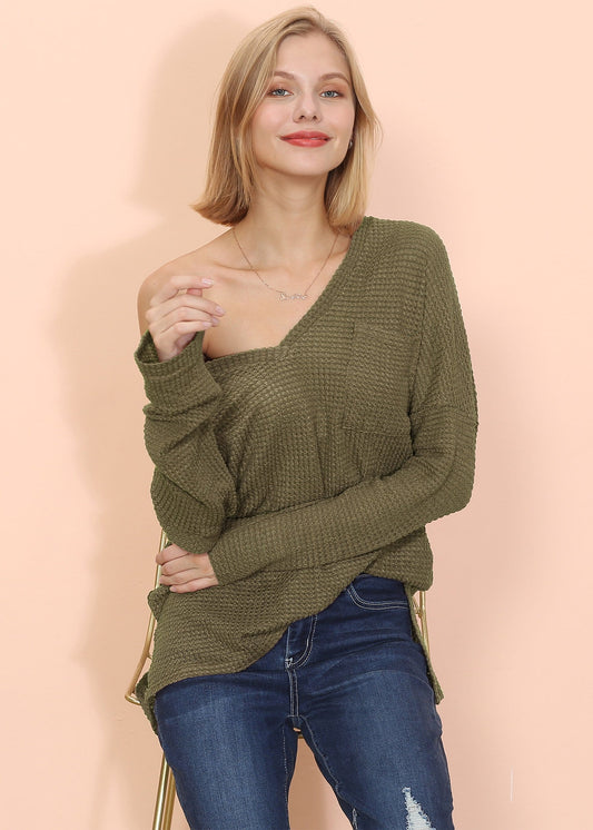 Waffle Knit Pocket Long Sleeve Top