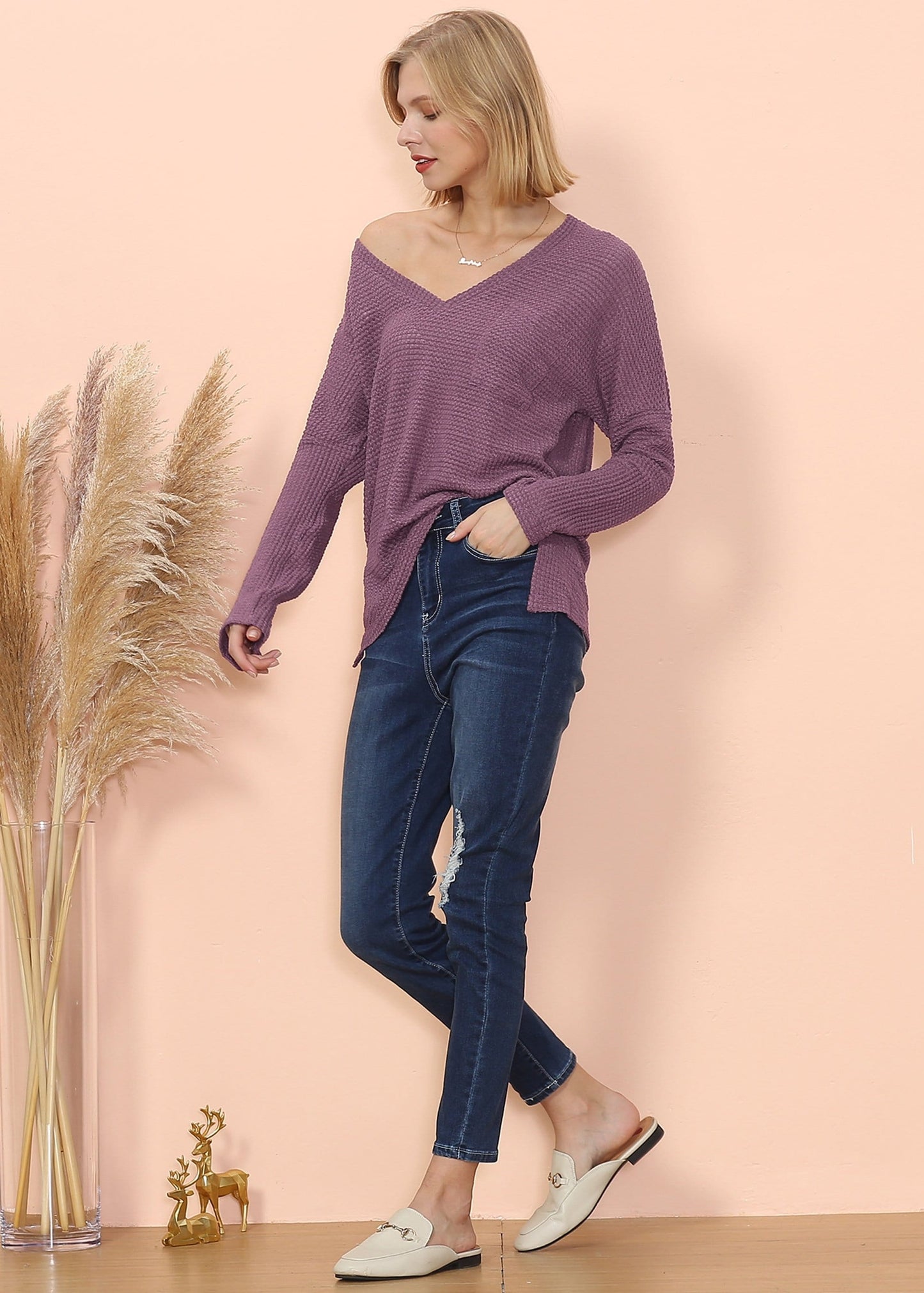 Waffle Knit Pocket Long Sleeve Top