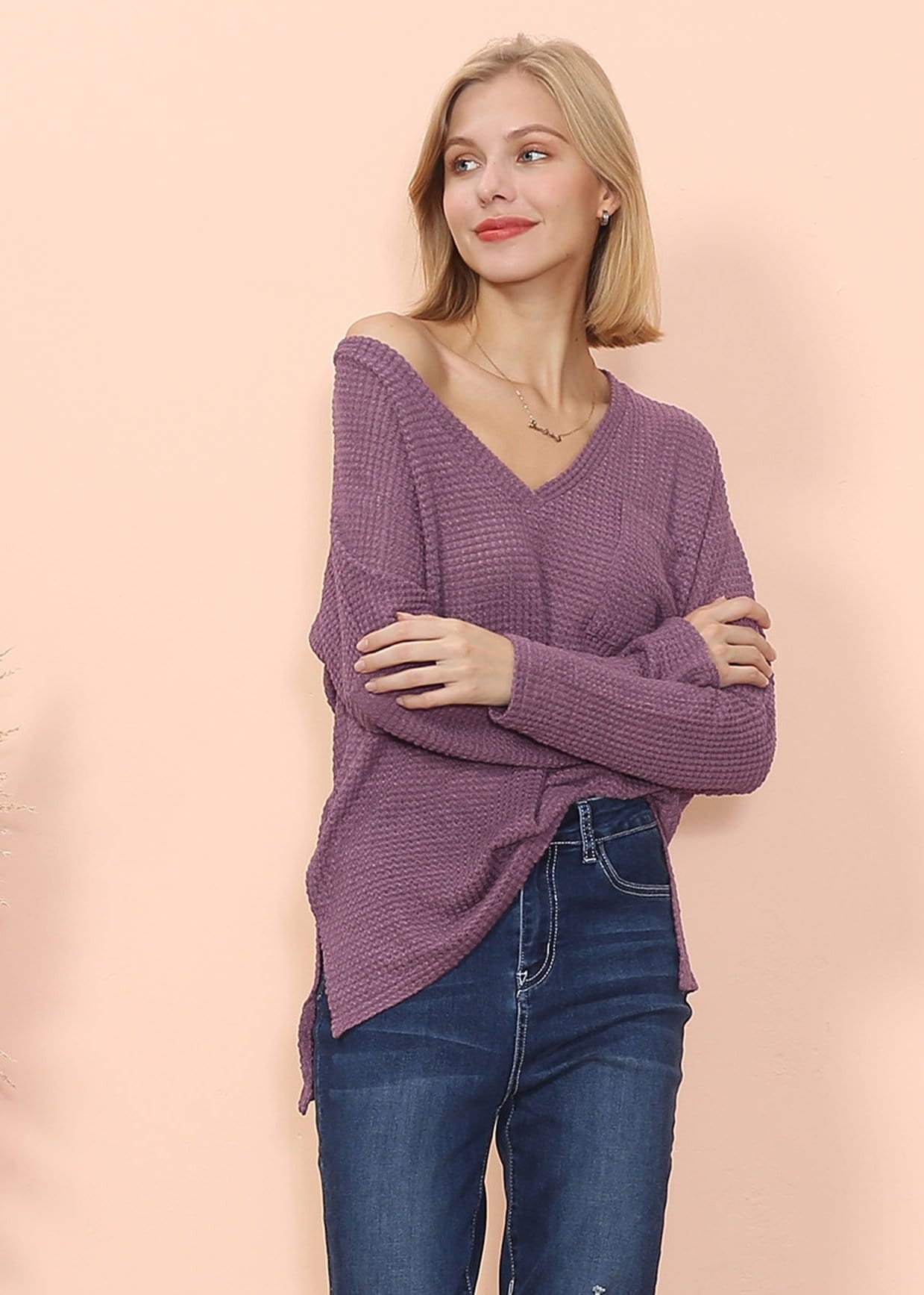 Waffle Knit Pocket Long Sleeve Top