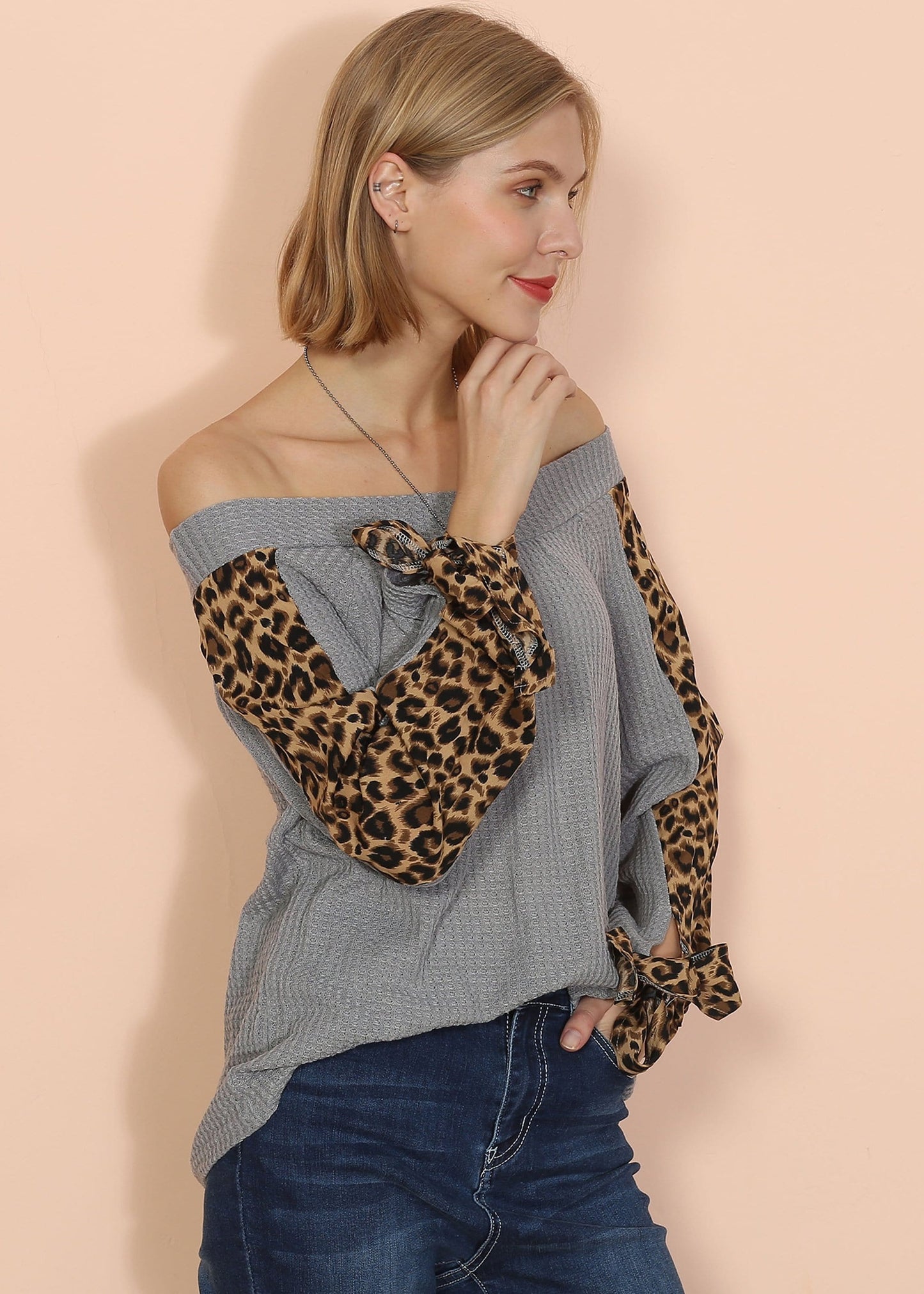 Off Shoulder Leopard Knitted Long Sleeve Top