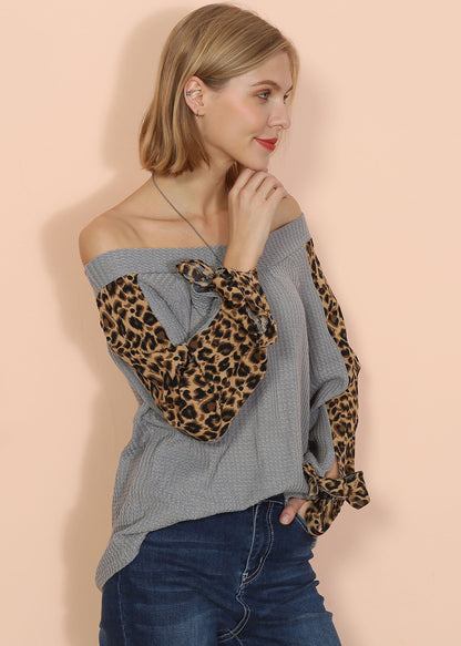 Off Shoulder Leopard Knitted Long Sleeve Top