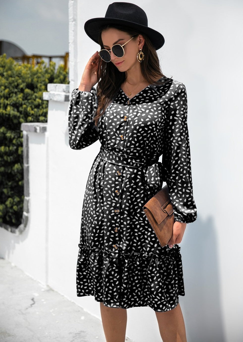 Dot Print Button Ruffle Tunic Dress