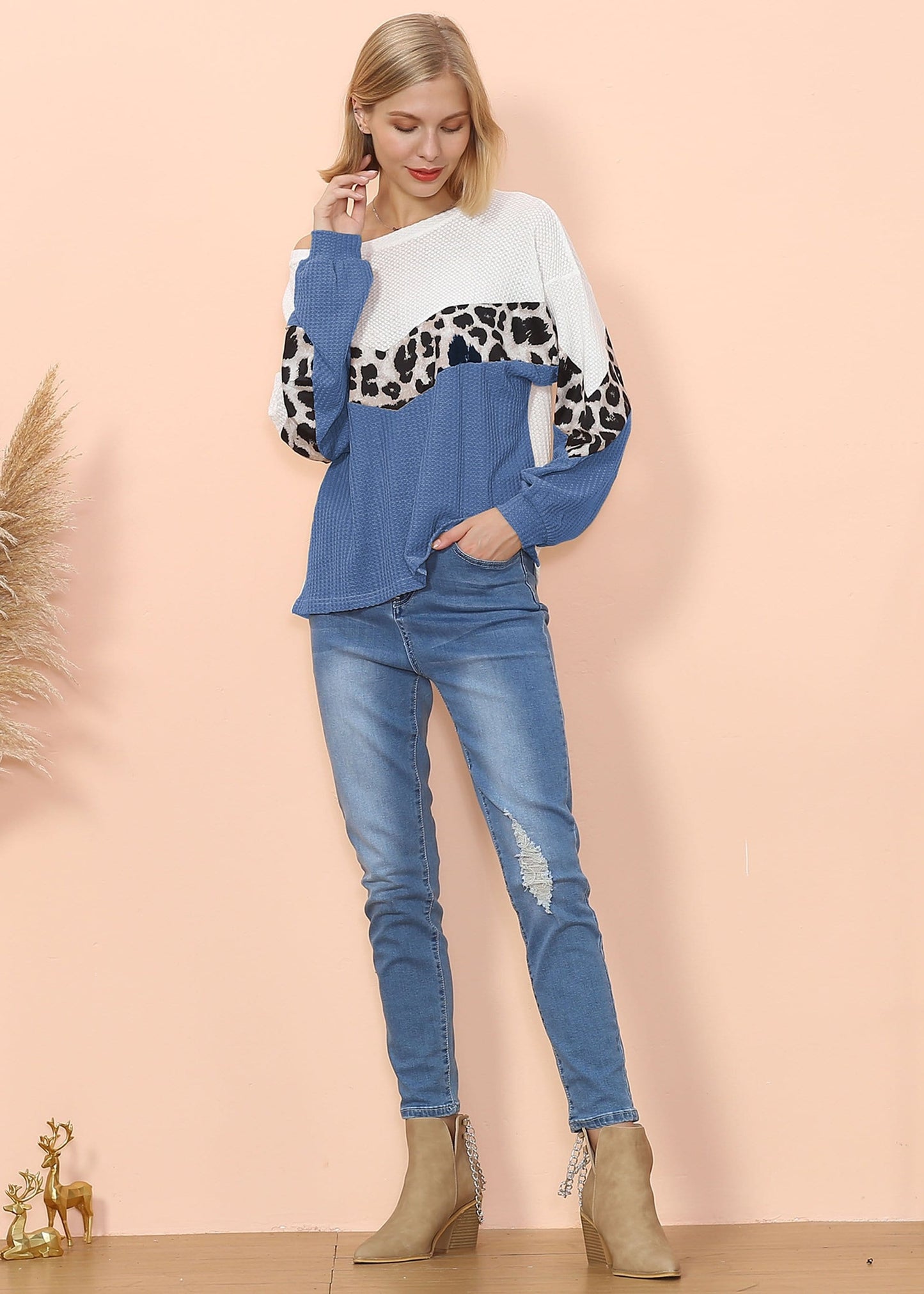 Waffle Knit Cheetah Print Long Sleeve Top