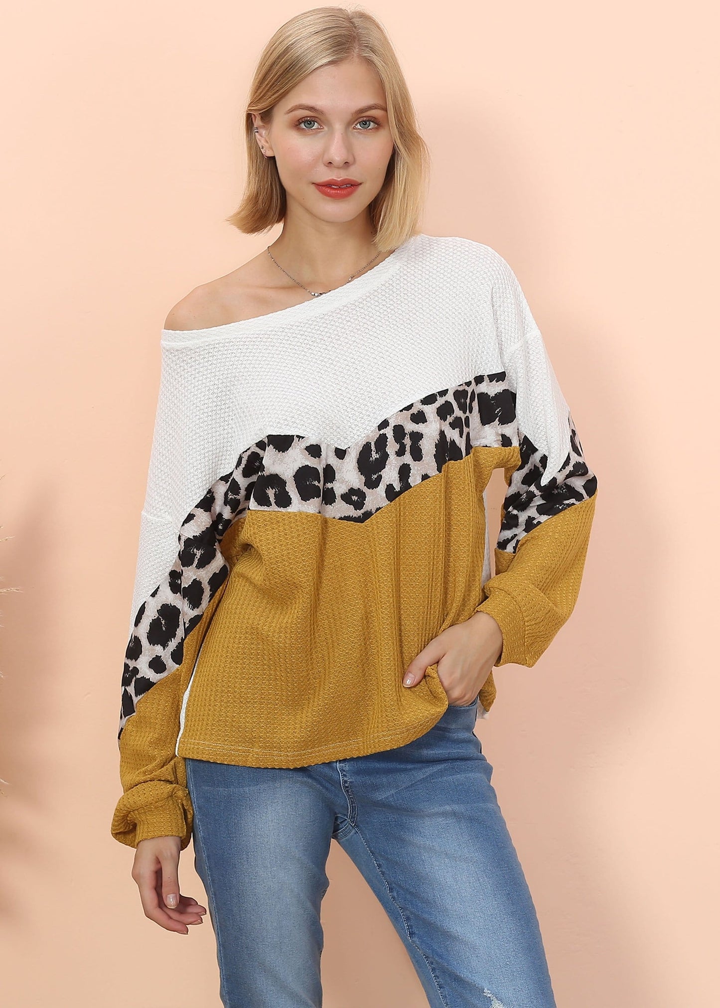 Waffle Knit Cheetah Print Long Sleeve Top