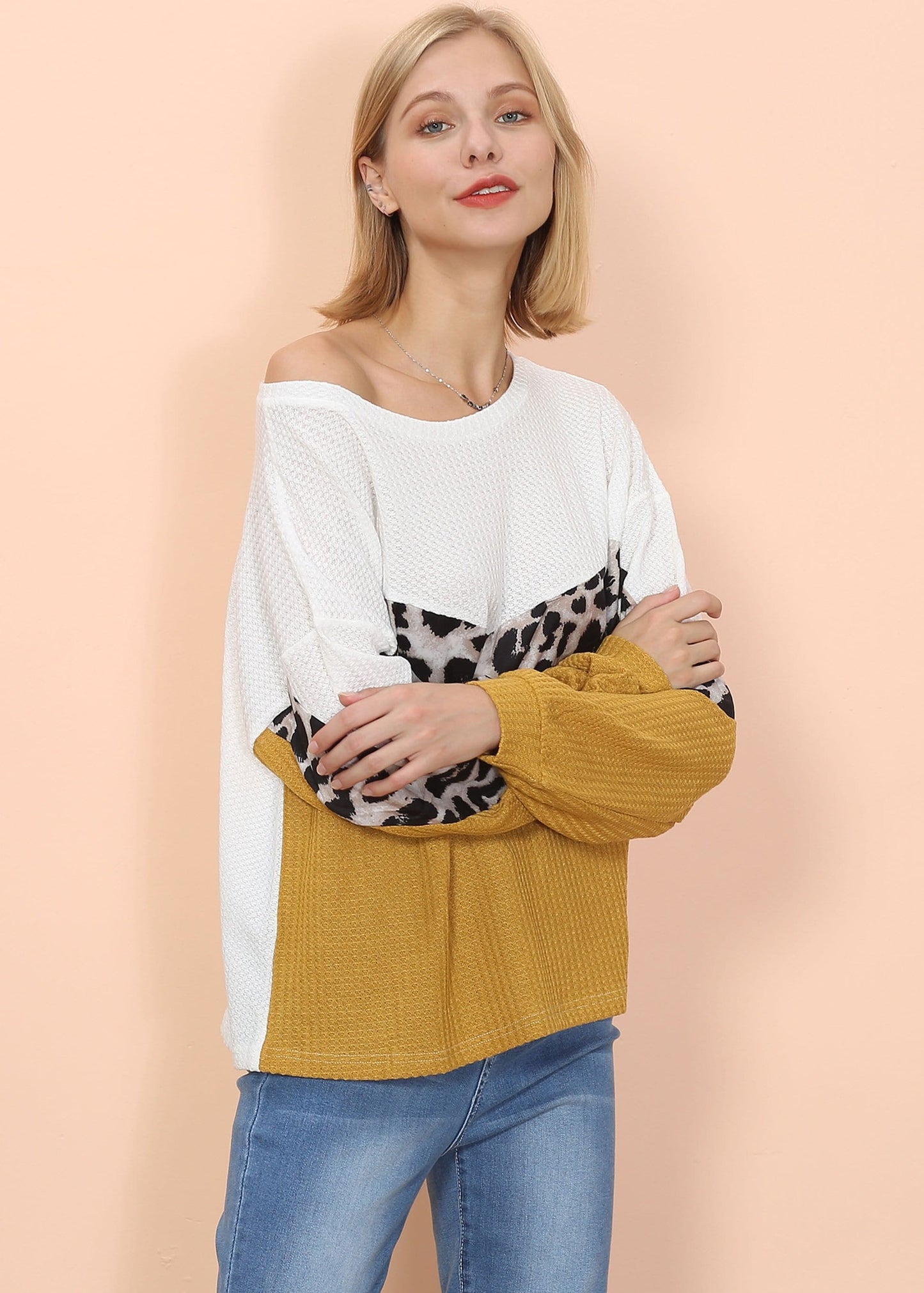 Waffle Knit Cheetah Print Long Sleeve Top