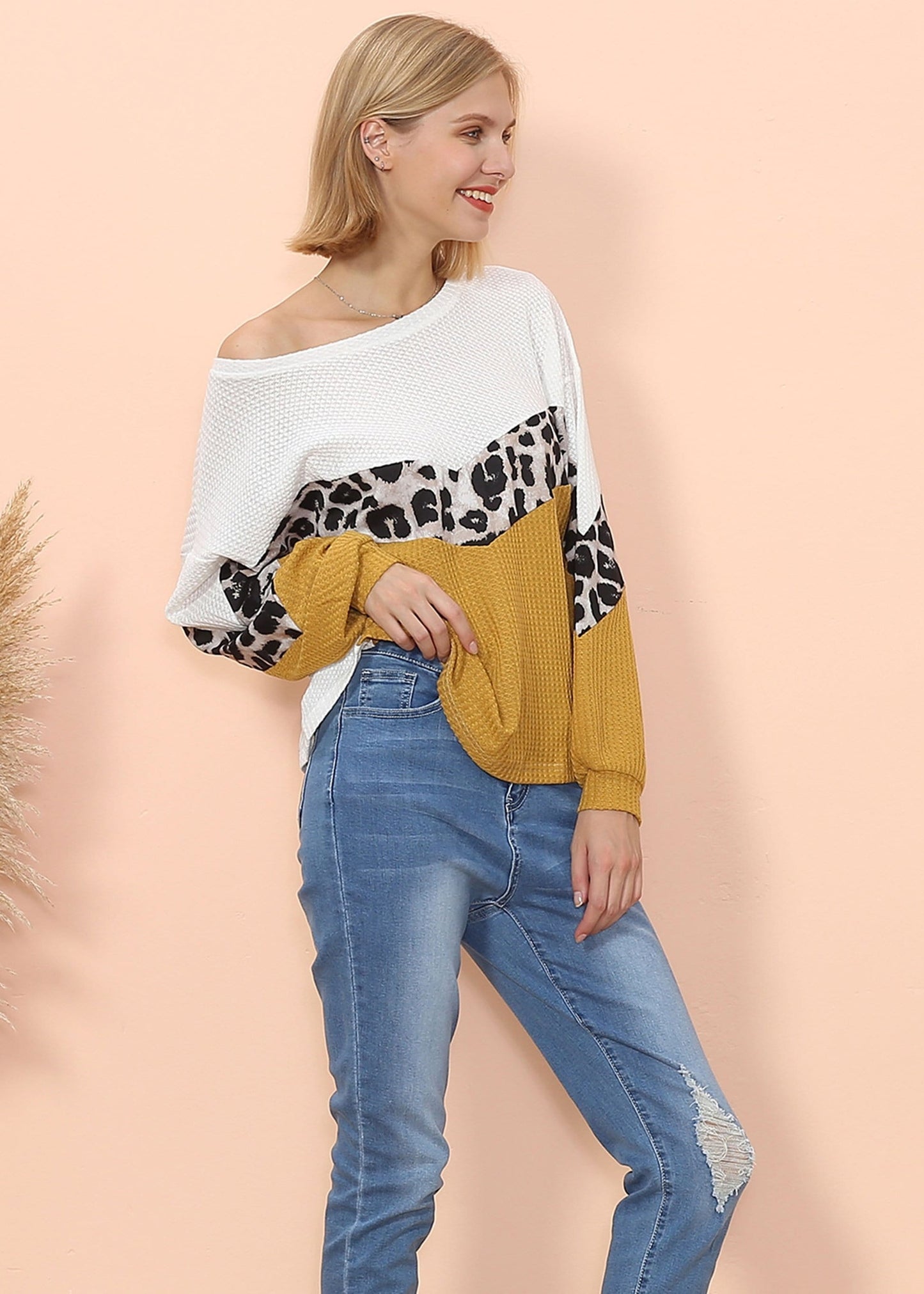 Waffle Knit Cheetah Print Long Sleeve Top