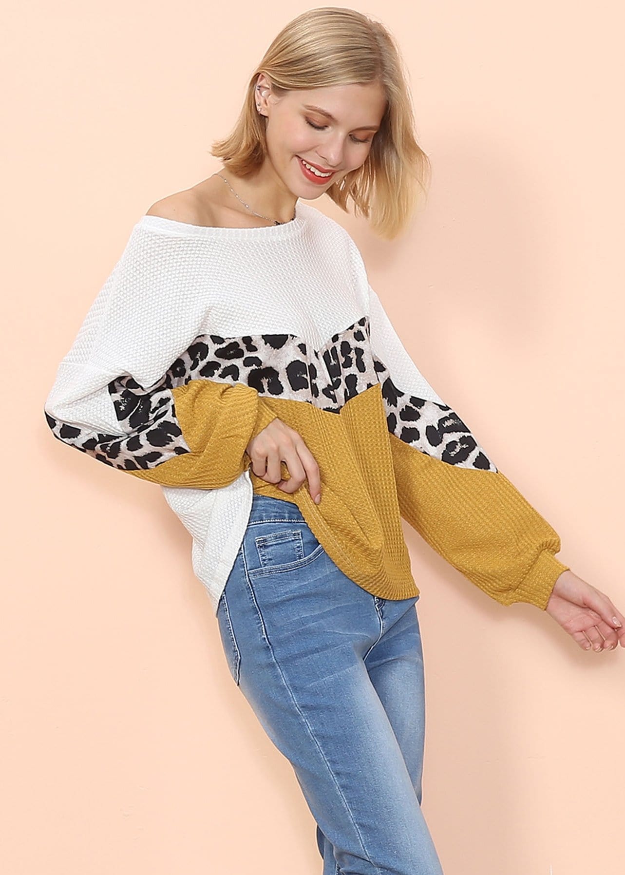 Waffle Knit Cheetah Print Long Sleeve Top