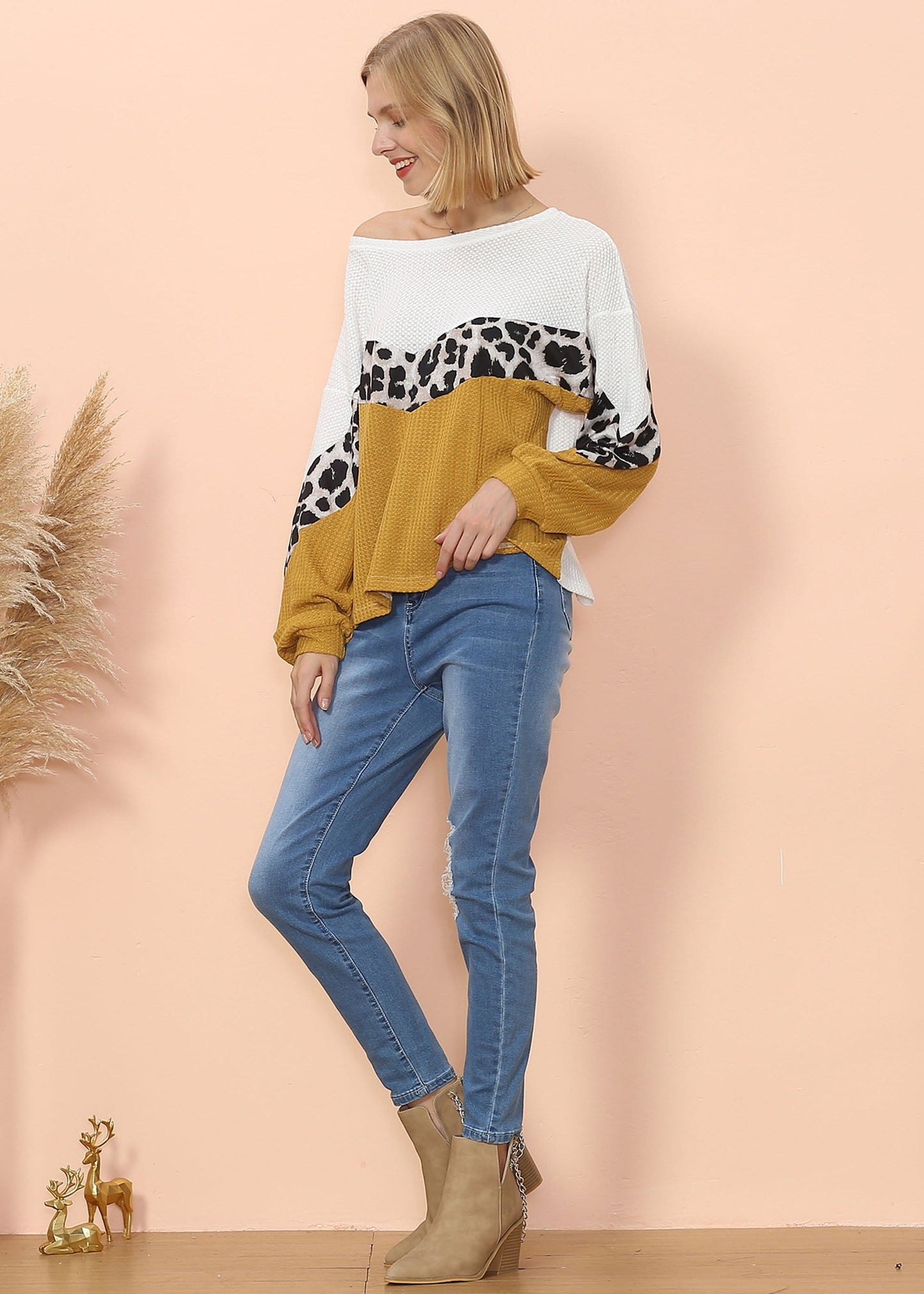 Waffle Knit Cheetah Print Long Sleeve Top