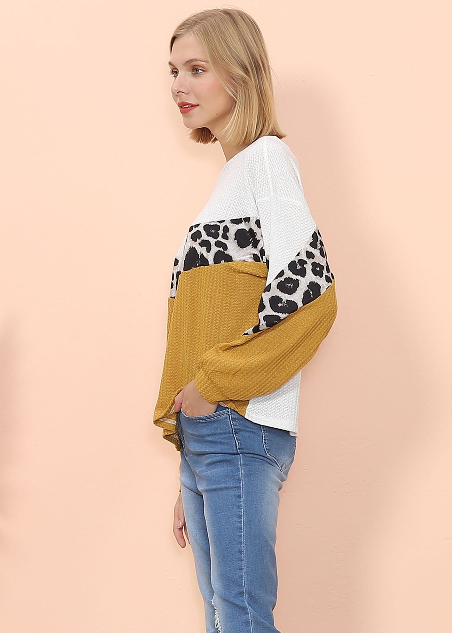 Waffle Knit Cheetah Print Long Sleeve Top