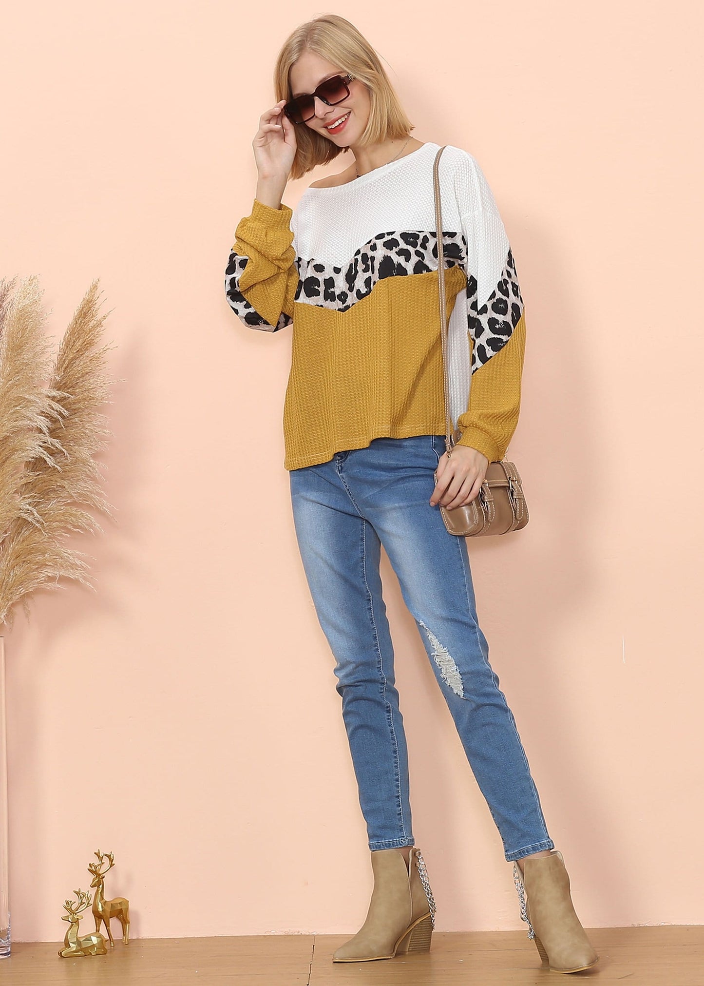 Waffle Knit Cheetah Print Long Sleeve Top