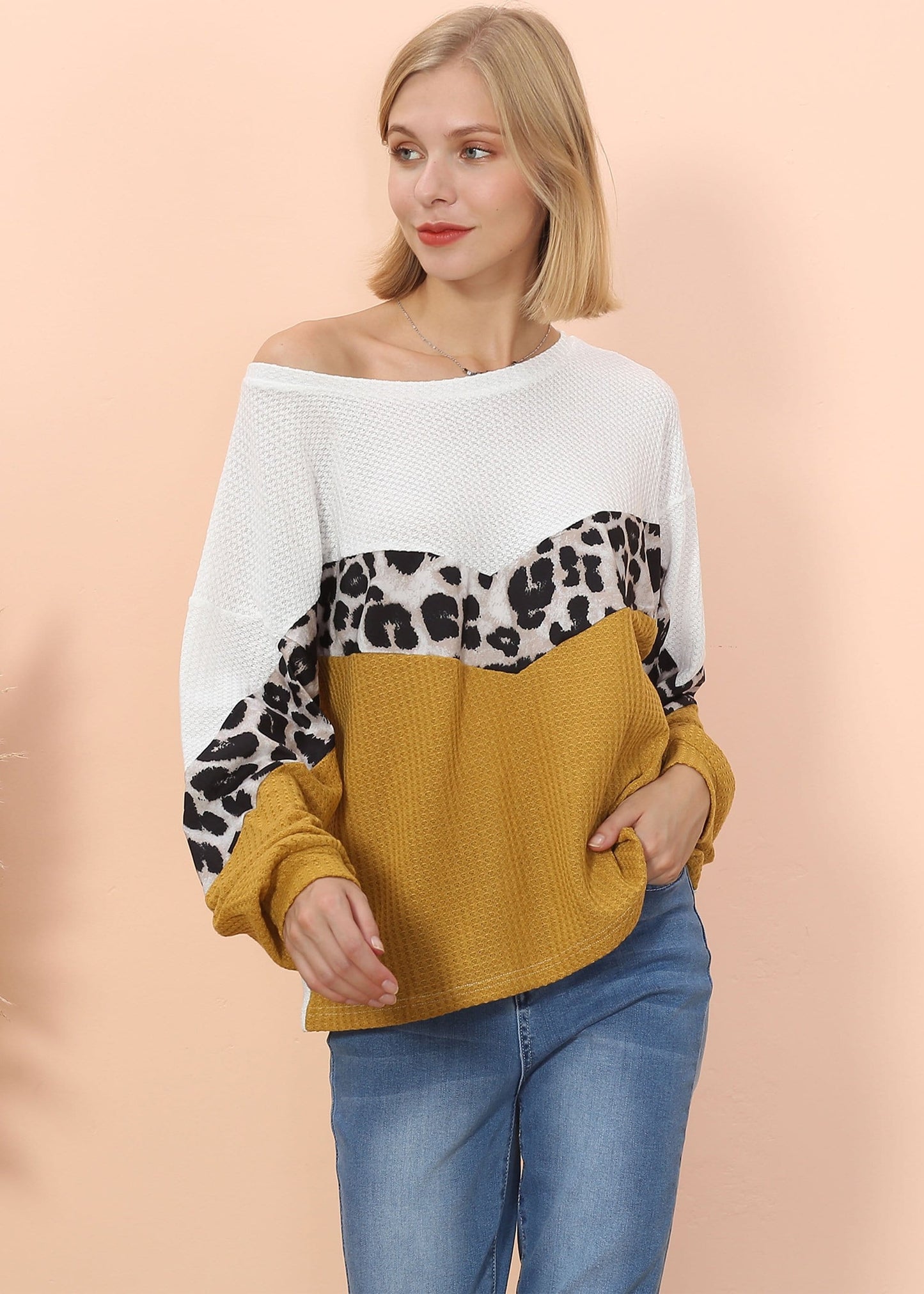 Waffle Knit Cheetah Print Long Sleeve Top